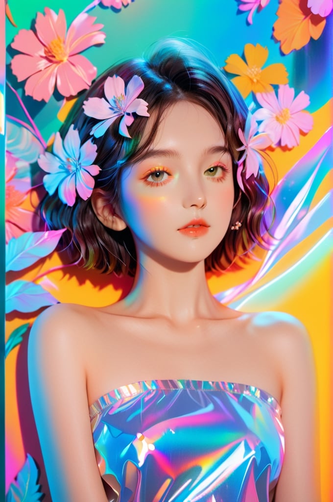 portrait, 1 girl, solo, short wavy hair, flowing neon, colored holographic floral background, holographic, iridescent, vaporwave, fluid, flowers, lying from the front point pose, high fashion, realistic,Flat vector art,xxmix_girl