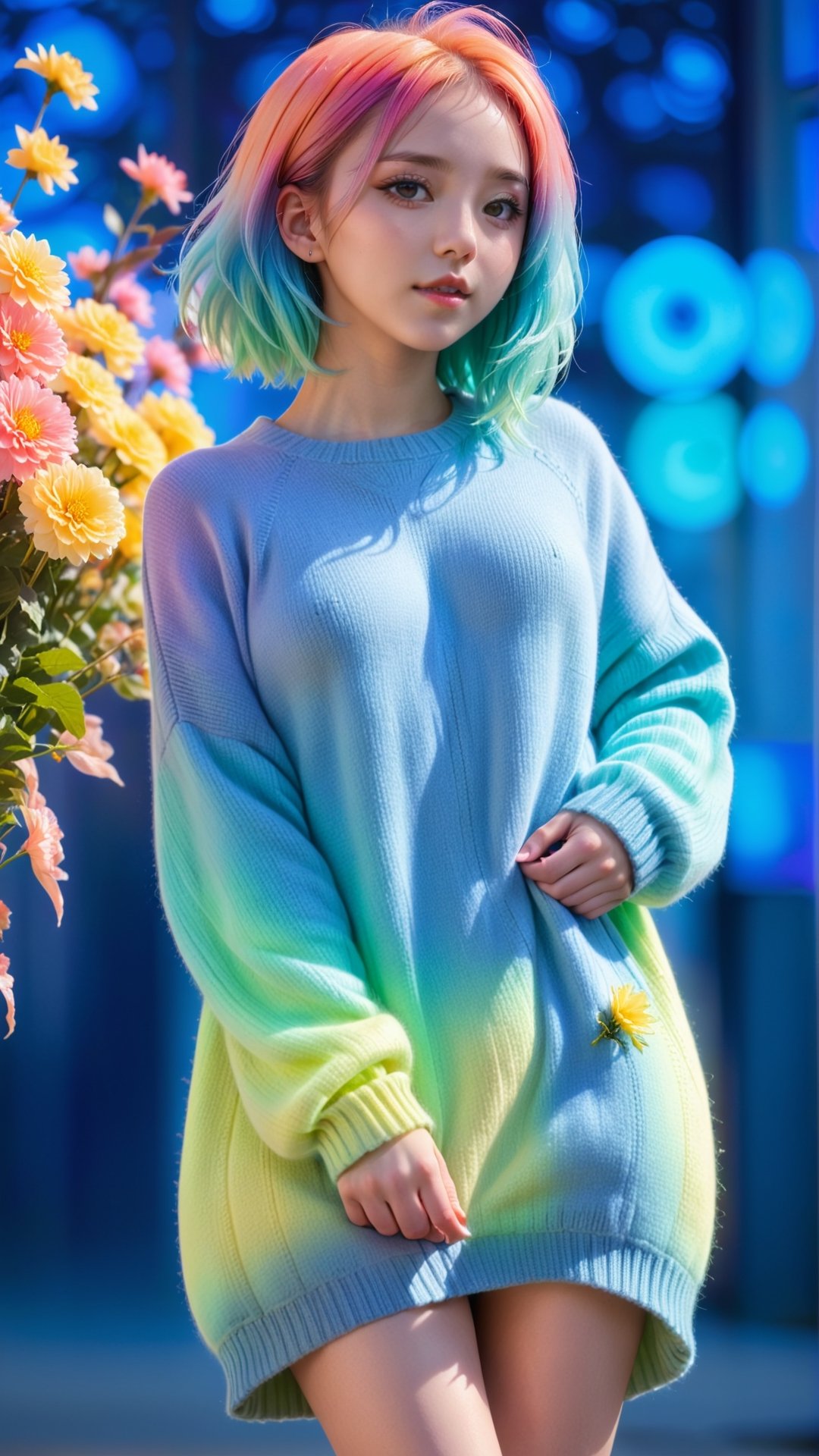 illustrator, anime , full body, realistic , sketch , 1girl, ,lip, Sweater,order, Blue gradient background, Neon hair,Textured crop, Canadian, (masterpiece,best quality) wearing wooly long dress and coat,  full body, flowers bloom and lighting bokeh as background,xxmix_girl