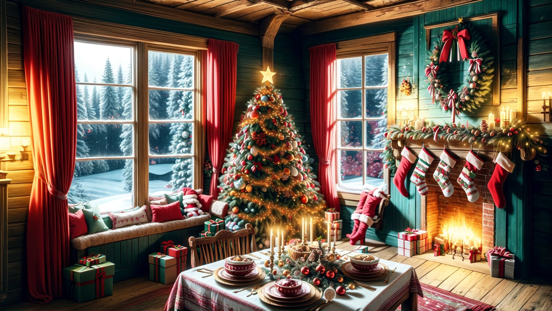Christmas tea, window overlooking a magical forest, curtains on the window, magic, Christmas background, Mysterious, Mysterious,Christmas Room,Santa Claus,Abstract,Christmas,
There is a lot of snow outside the window.