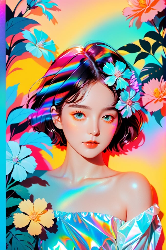 portrait, 1 girl, solo, short wavy hair, flowing neon, colored holographic floral background, holographic, iridescent, vaporwave, fluid, flowers, lying from the front point pose, high fashion, realistic,Flat vector art,xxmix_girl