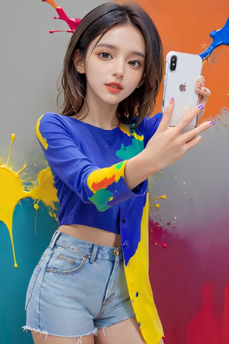 young girl, adolescent, energetic, joyous, selfie, taking selfie, phone camera app, outline, angle downwards, v shape hand pose, cute, adorable, sexy, suggestive outfit, paint splash background, vibrant paint, high contrast, abstract, volumetric light, high quality, detailed, masterpiece,xxmix_girl