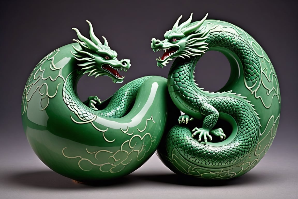 The image of an oriental dragon struggling appears engraved on the outside of a gourd made with celadon inlay technique. The oriental dragon wrapped in clouds is carved with elaborate inlay techniques, giving it a realistic feel as if it will jump out at any moment, and the mystical jade color shines brightly as if it were the color of the heavenly world.
It shows the overall appearance of the pottery.



close-up photography, Ultra-detailed, ultra-realistic, full body shot, Distant view