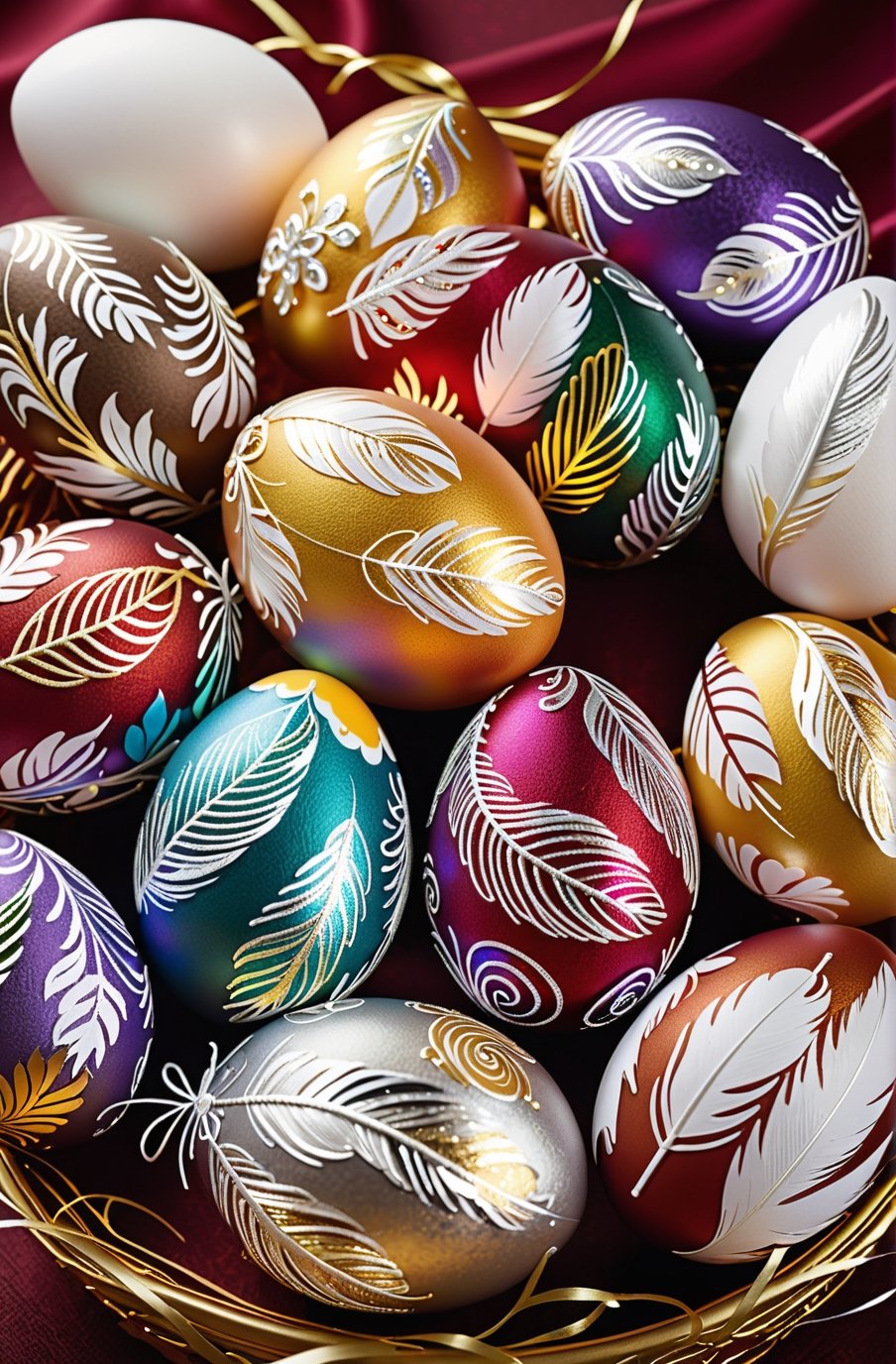 Easter eggs designed with honeysuckle and swirl patterns in a harmonious mix of rainbow colors,
Gold and silver threads are bundled together and wrapped from the bottom of the egg, as if protecting it, along with many white feathers.
The egg shines even brighter due to the intense lighting that illuminates the egg on a dark red and golden background.

Ultra-clear, Ultra-detailed, ultra-realistic, ultra-close up