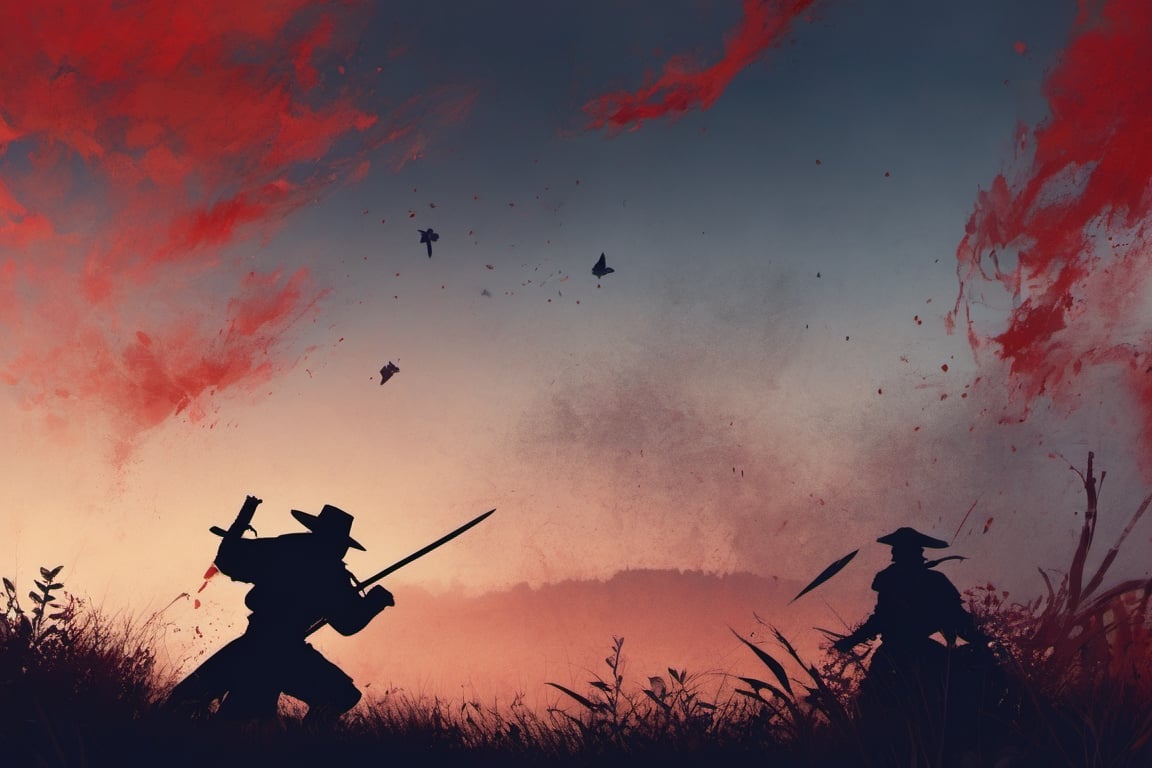 ((Silhouette:1.9)). it's too dark, without light. ((About 10 Assassins1.9)),((A swordsman wearing a wide-brimmed hat and masked About 10 assassins:1.8, crescent moon, grass. Two swordsmen are fighting among the long grass in a meadow with a crescent moon as thin as an eyebrow on a very pitch-black night in all directions1.8)). ((A swordsman flies into the air, wraps his hands around the handle of his sword, and makes a 45-degree downward slash motion. Another swordsman is making an urgent move to block the sword of another swordsman coming down1.5)).(( jump up and slash the sword. A man who gets stabbed splatters red blood:1.9)).red blood splatters, About 10 Assassins surround them.
There is a bit of fog around, reflecting the blue light of the black crescent moon of the swordsman striking, showing even more urgency.
((Silhouette:1.9)), distant view, 8K, ((gloomy, solemn, urgent, scary, speed:1.5)), birds flying away in surprise,Sketch,Storyboard