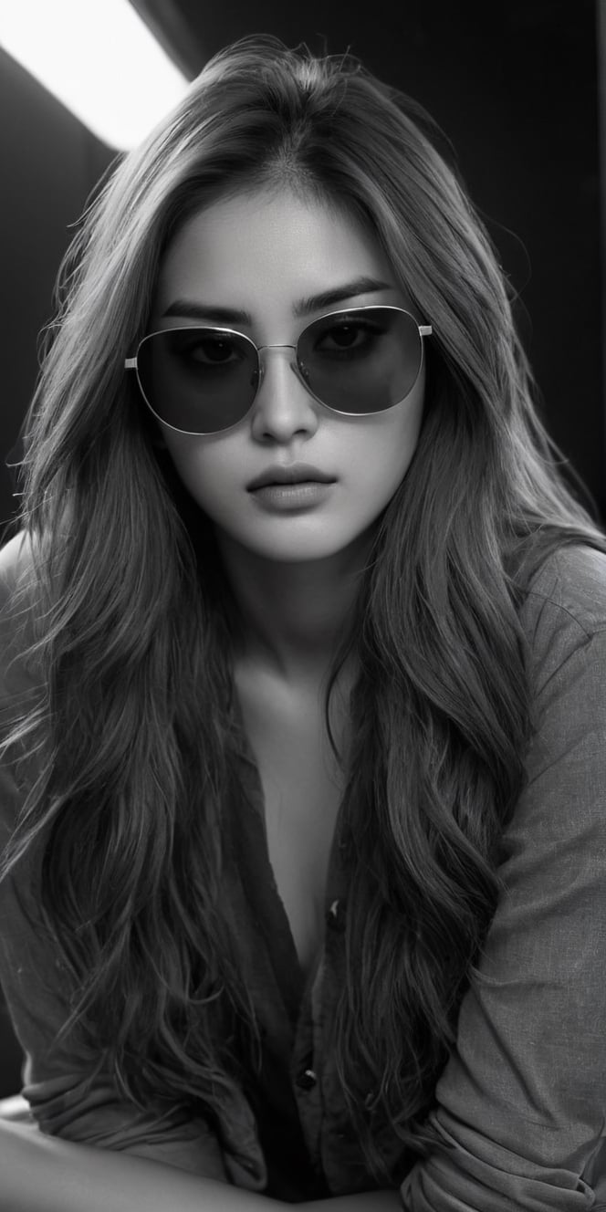 photorealistic), masterpiece:1.5, best quality, realistic, real image, intricate details, perfect focus, perfect face, extremely beauyiful girl, Photograph, masterwork, meticulous nuances, supreme resolution, 32K, ultra-defined, Intricate Detail, Masculine,  black and white photo.long hair,blue sunglasses glasses,
Imagina 1 korean woman, 20 yo, create a hyper realistic image of ssitting in the dark room, pessimistic view, depressed mood, lost in tough, black and white photo, high detailed, sharp focus, Extremely Realistic,FilmGirl,bright clothes,Real,Black&White,SDXL