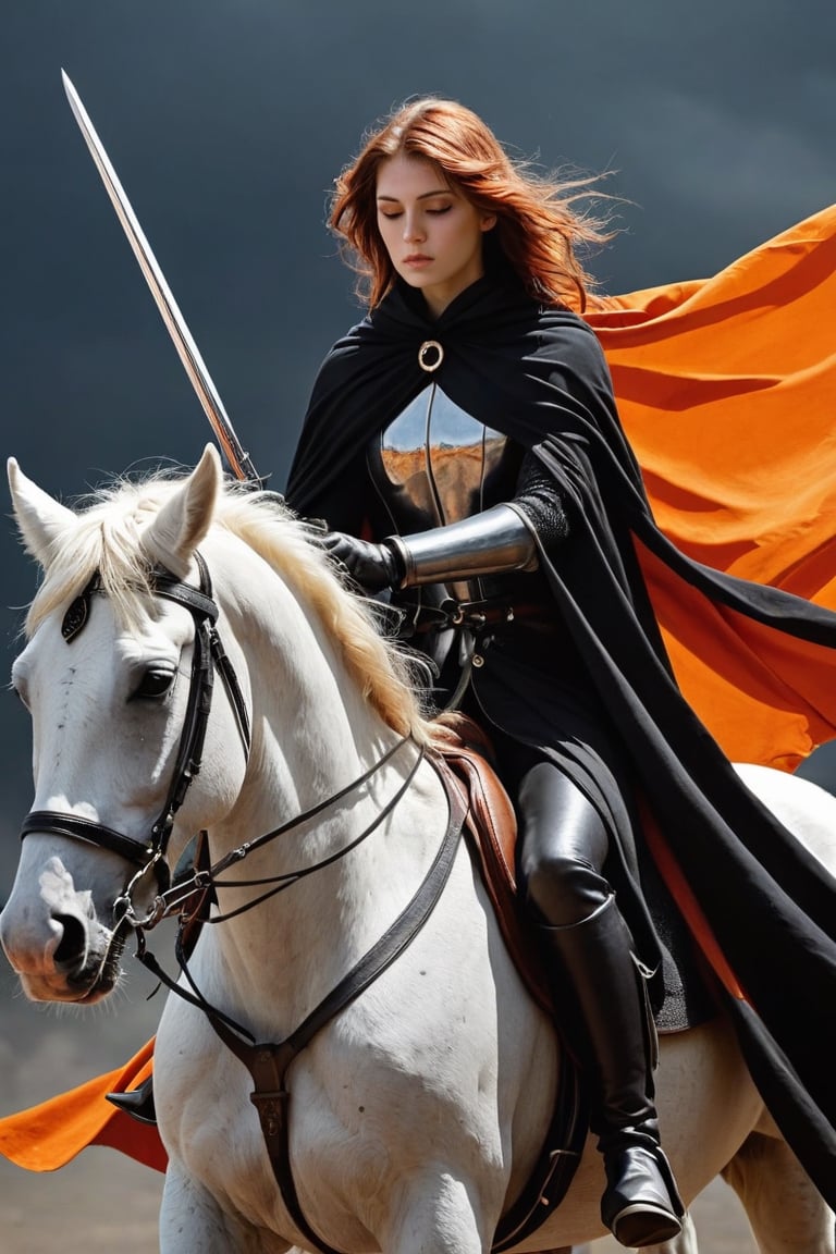 1 beautiful woman,  faded elegance, mournful atmosphere,  beauty, melancholy aura, hauntingly captivating, stark contrast, delicate decay, line art, backlighting, wind, backlighting, Stardust,(Wind:1.2) , black cloak, sword knight riding a white horse, Orange Blood
,Contained Color,anica_teddy,photo r3al