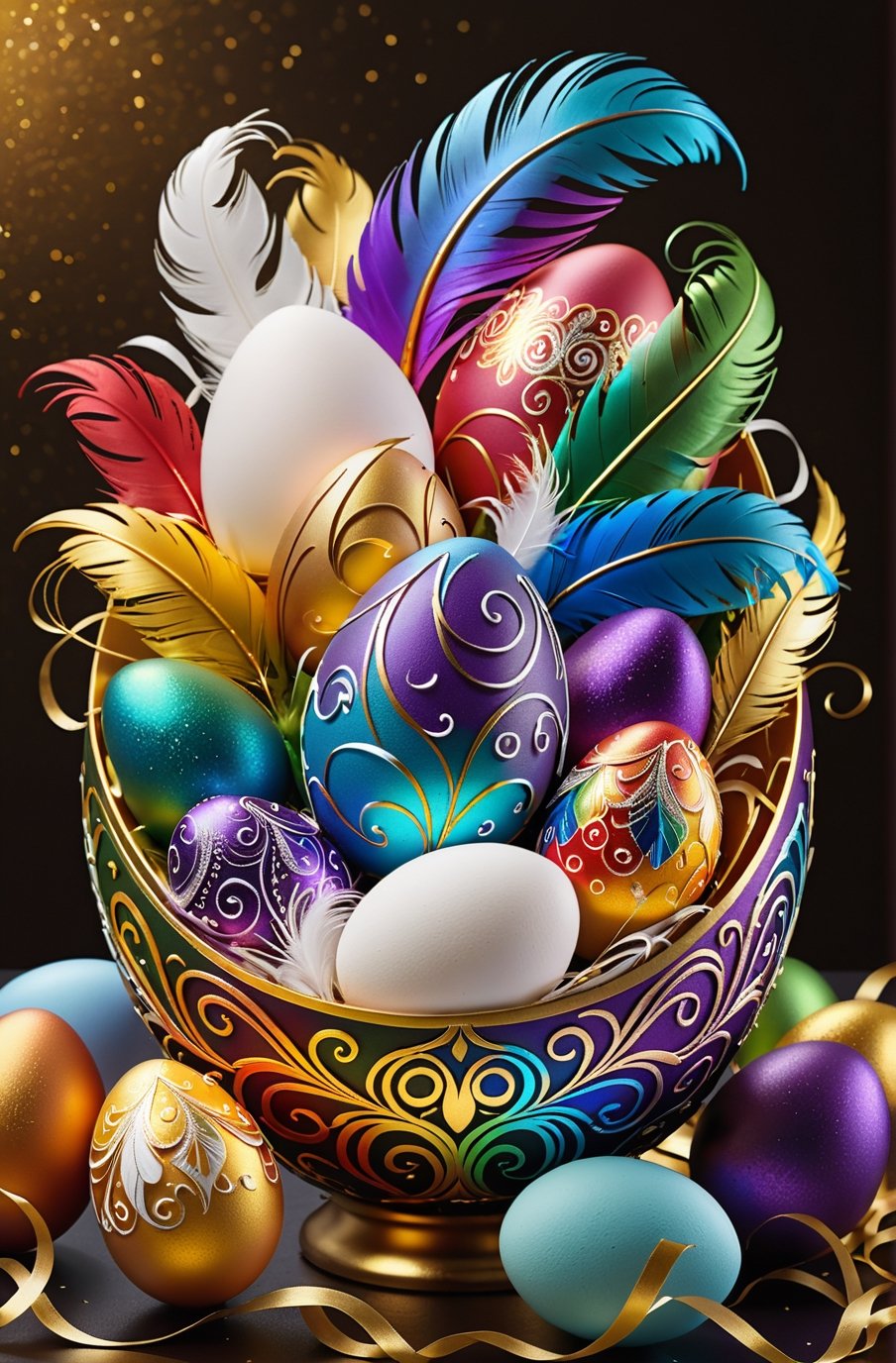 Easter eggs designed with arabesques and swirls using a harmonious mix of rainbow colors.
A pile of tiny golden twigs and many white feathers cover the egg from the bottom as if protecting it.
The egg shines even brighter due to the intense lighting that illuminates the egg on a dark plnk and golden background.

Ultra-clear, Ultra-detailed, ultra-realistic, ultra-close up