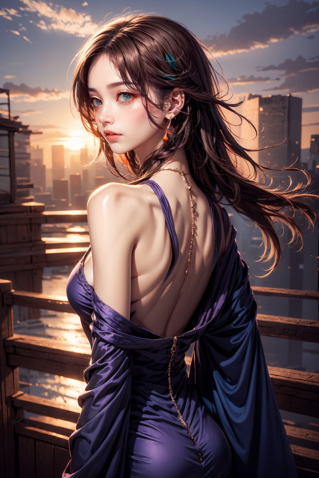 1boy, anime, looking at the sky, sunset, outdoor dark red and blue and purple sky, messy hair, dynamic angle, boy back to the viewer,SGBB,asian girl