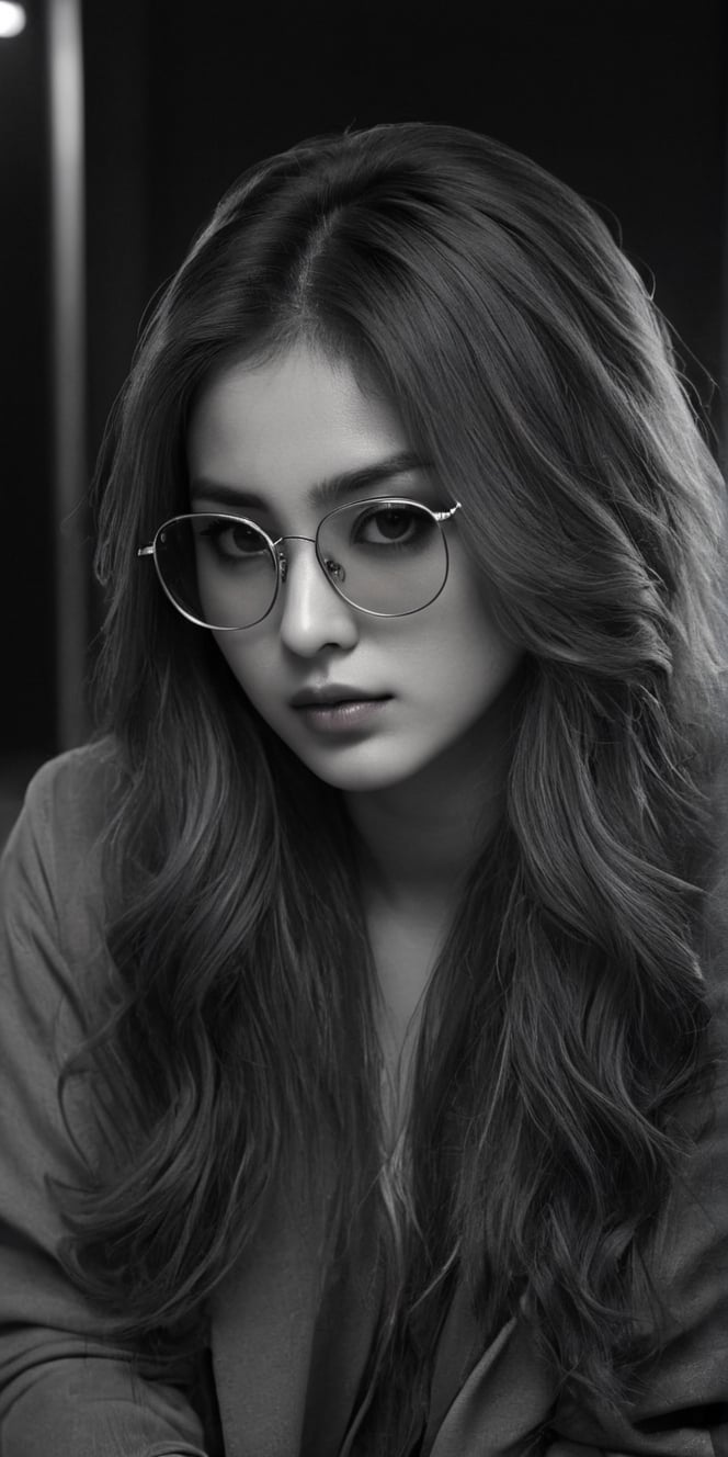 photorealistic), masterpiece:1.5, best quality, realistic, real image, intricate details, perfect focus, perfect face, extremely beauyiful girl, Photograph, masterwork, meticulous nuances, supreme resolution, 32K, ultra-defined, Intricate Detail, Masculine,  black and white photo.long hair,green sunglasses glasses,
Imagina 1 korean woman, 20 yo, create a hyper realistic image of ssitting in the dark room, pessimistic view, depressed mood, lost in tough, black and white photo, high detailed, sharp focus, Extremely Realistic,FilmGirl,bright clothes,Real,Black&White,SDXL,Realistic