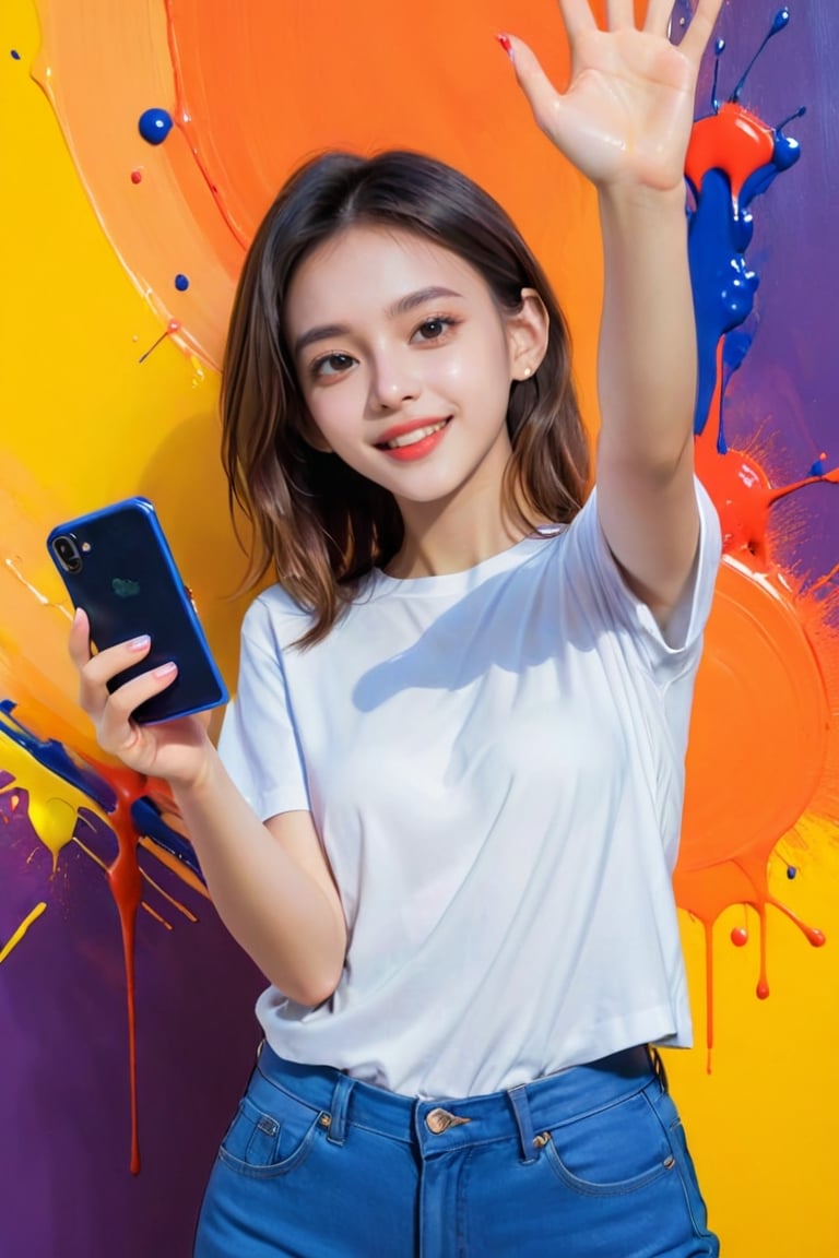 young girl, adolescent, energetic, joyous, selfie, taking selfie, phone camera app, outline, angle downwards, v shape hand pose, cute, adorable, sexy, suggestive outfit, paint splash background, vibrant paint, high contrast, abstract, volumetric light, high quality, detailed, masterpiece,xxmix_girl