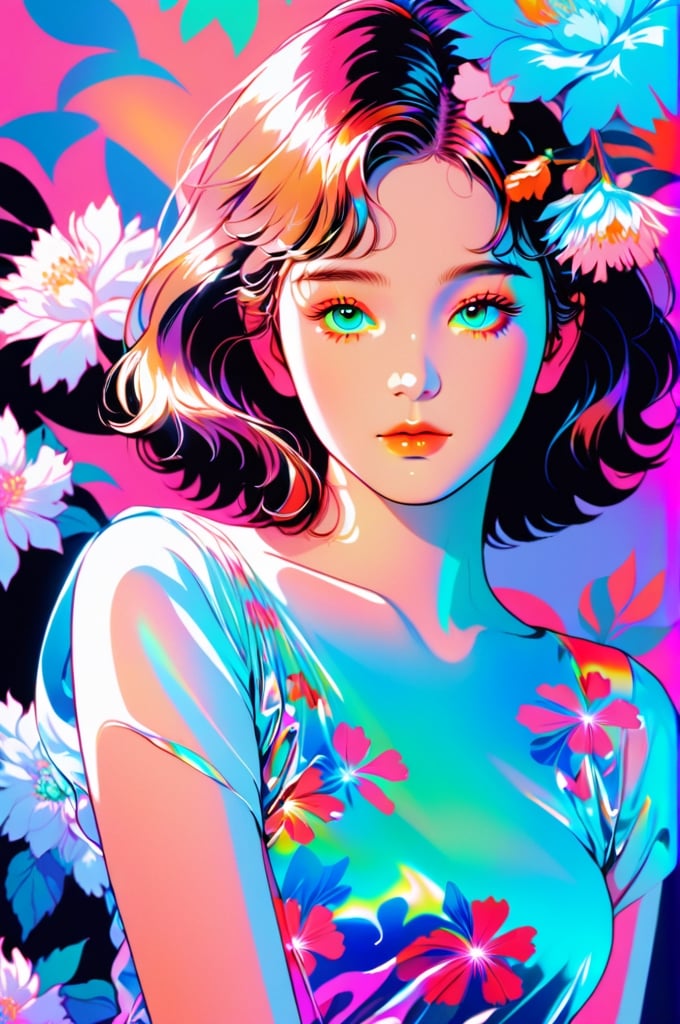 portrait, 1 girl, solo, short wavy hair, flowing neon, colored holographic floral background, holographic, iridescent, vaporwave, fluid, flowers, lying from the front point pose, high fashion, realistic,Flat vector art,xxmix_girl