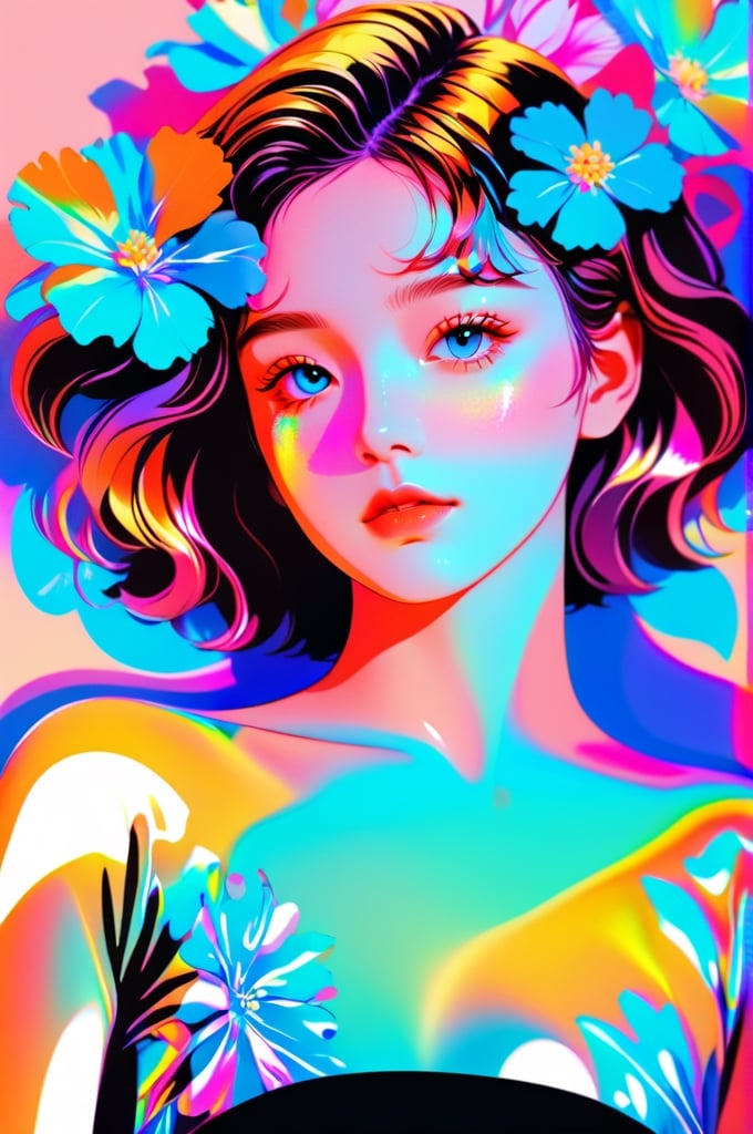 portrait, 1 girl, solo, short wavy hair, flowing neon, colored holographic floral background, holographic, iridescent, vaporwave, fluid, flowers, lying from the front point pose, high fashion, realistic,Flat vector art,xxmix_girl