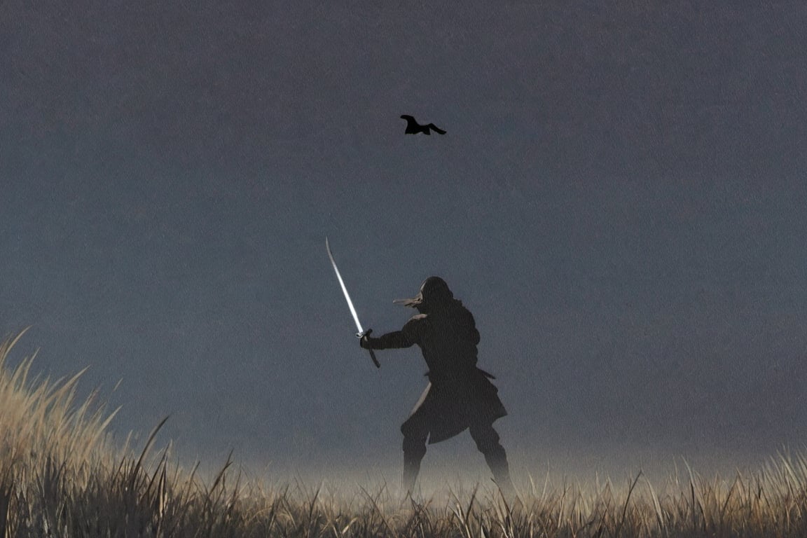 ((Silhouette1.8)). it's too dark, ((Two swordsmen, crescent moon, grass. Two swordsmen are fighting among the long grass in a meadow with a crescent moon as thin as an eyebrow on a very pitch-black night in all directions1.8)). ((A swordsman flies into the air, wraps his hands around the handle of his sword, and makes a 45-degree downward slash motion. Another swordsman is making an urgent move to block the sword of another swordsman coming down1.5)). jump up and slash the sword
There is a bit of fog around, reflecting the blue light of the black crescent moon of the swordsman striking, showing even more urgency.
Silhouette, distant view, 8K, gloomy, solemn, urgent, scary, speed, birds flying away in surprise,