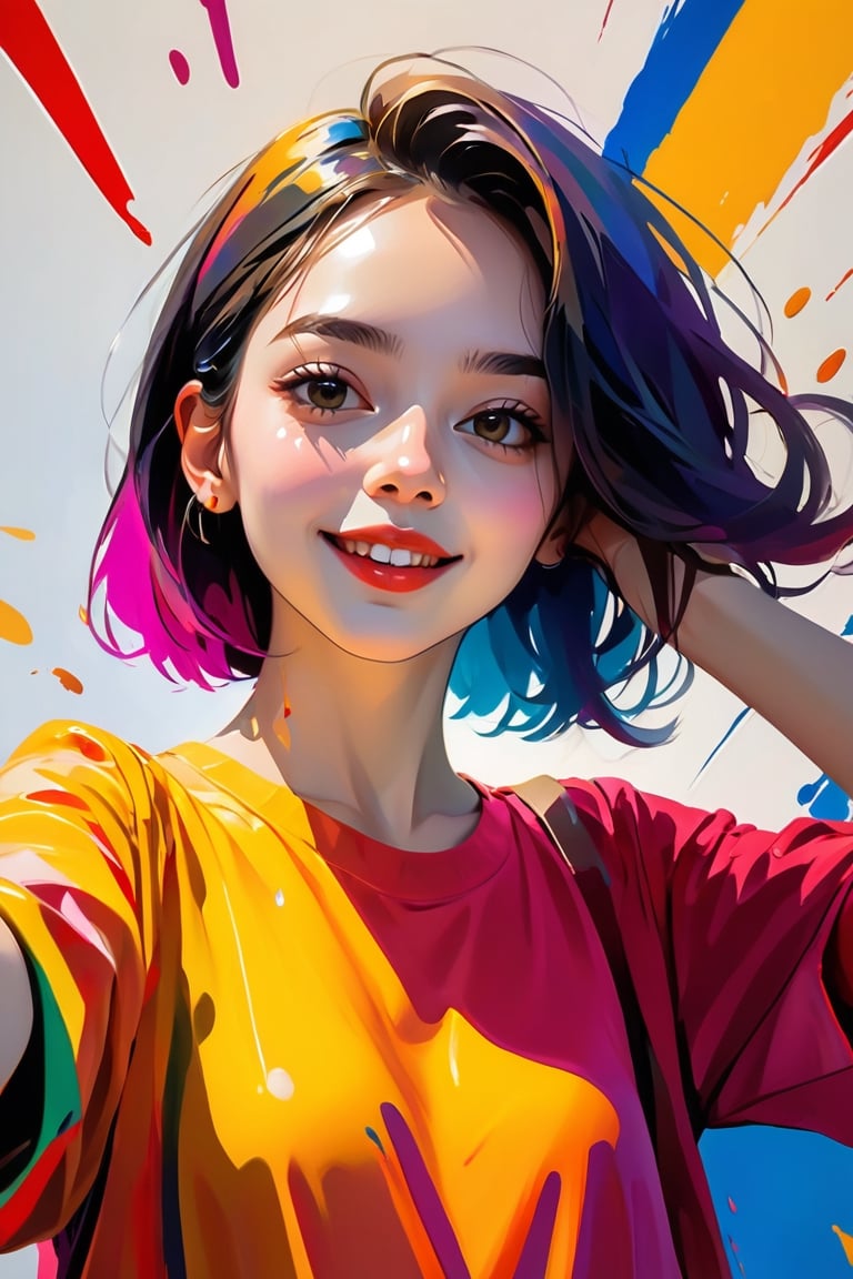 young girl, adolescent, energetic, joyous, selfie, taking selfie, phone camera app, outline, angle downwards, v shape hand pose, cute, adorable, sexy, suggestive outfit, paint splash background, vibrant paint, high contrast, abstract, volumetric light, high quality, detailed, masterpiece,girl,xxmix_girl