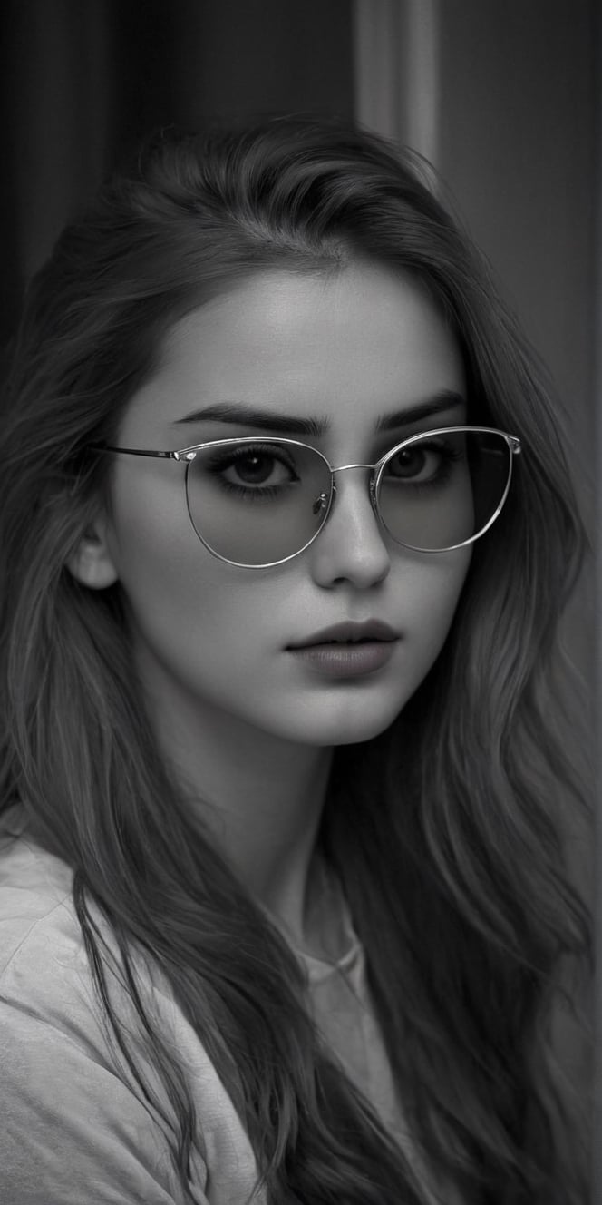 photorealistic), masterpiece:1.5, best quality, realistic, real image, intricate details, perfect focus, perfect face, extremely beauyiful girl, Photograph, masterwork, meticulous nuances, supreme resolution, 32K, ultra-defined, Intricate Detail, Masculine,  black and white photo.long hair,yellow sunglasses glasses, yellow sunglasses,
Imagina 1 beautiful woman, 20 yo, create a hyper realistic image of sitting in the dark room, pessimistic view, depressed mood, lost in tough, black and white photo, high detailed, sharp focus, Extremely Realistic,FilmGirl,bright clothes,Real,Black&White,SDXL,Realistic