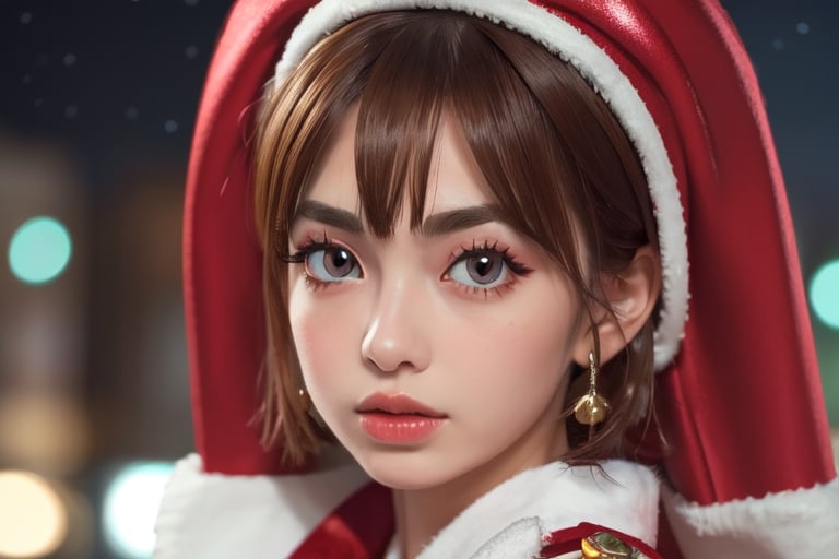 ((1girl, 20year old girl:1.5)), ((Portrait)),loli, petite girl,  whole body, children's body, beautiful shining body, bangs,((darkbrown hair:1.3)),high eyes,(aquamarine eyes), petite,tall eyes, beautiful girl with fine details, Beautiful and delicate eyes, detailed face, Beautiful eyes,natural light,((realism: 1.2 )), dynamic far view shot,cinematic lighting, perfect composition, by sumic.mic, ultra detailed, official art, masterpiece, (best quality:1.3), reflections, extremely detailed cg unity 8k wallpaper, detailed background, masterpiece, best quality , (masterpiece), (best quality:1.4), (ultra highres:1.2), (hyperrealistic:1.4), (photorealistic:1.2), best quality, high quality, highres, detail enhancement, ((very short hair:1.4)),
((tareme,animated eyes, big eyes,droopy eyes:1.2)),((random expression)),,random Angle,((santa costume:1.4)),((thick eyebrows:1.1)),perfect,((manga like visual)),((christmas decorations)),perfect light,white fur,facial_mark, neon_palette, shaped_highlights, ((bokeh background, blurry background)), night time, night sky, (city light), horizontal angle, looking away, perfect anatomy, colorful hair clip, many hair clips, christmas theme,Makeup,beautiful,detailed eyes