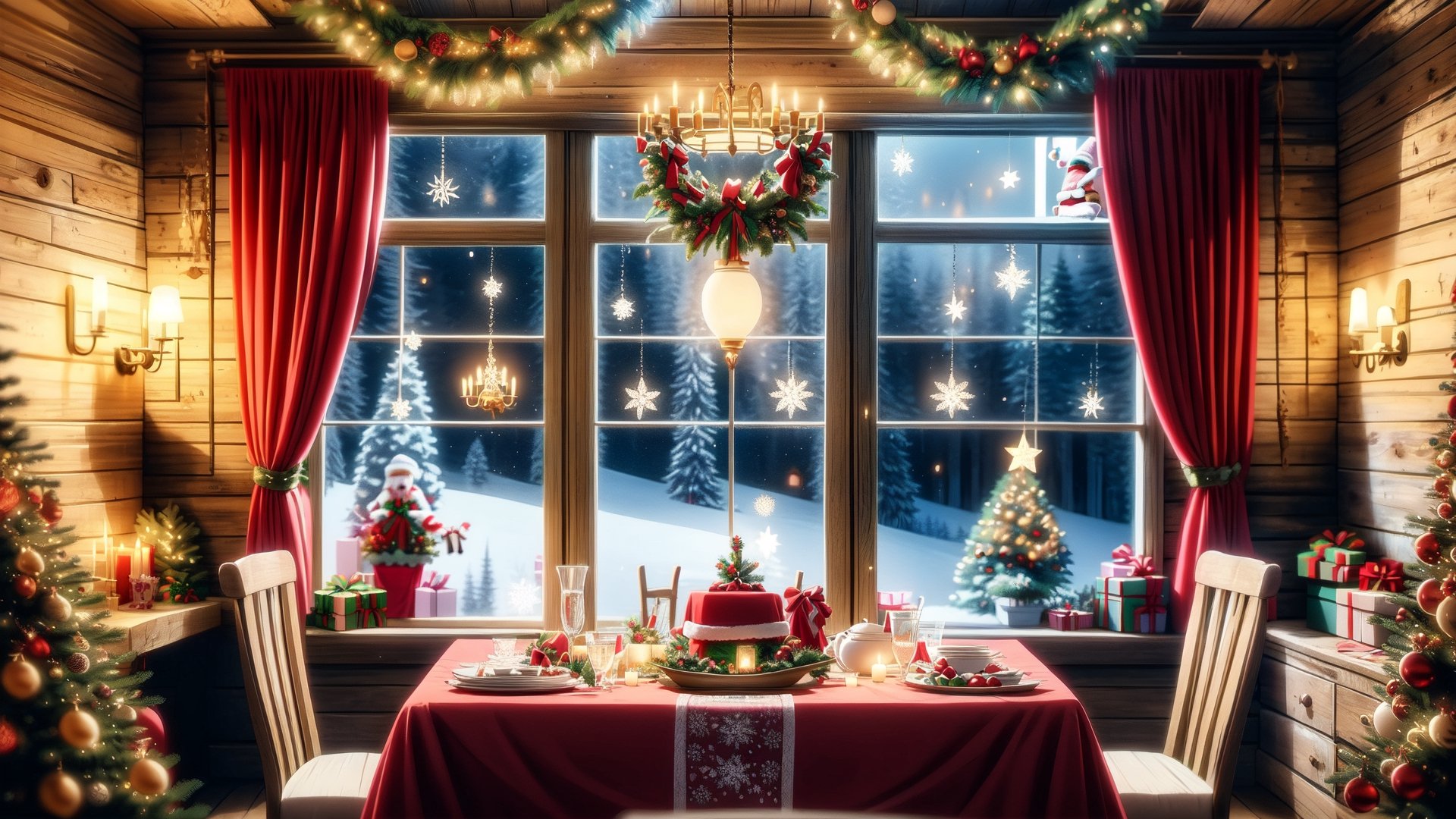 Christmas tea, window overlooking a magical forest, curtains on the window, magic, Christmas background, Mysterious, Mysterious,Christmas Room,Santa Claus