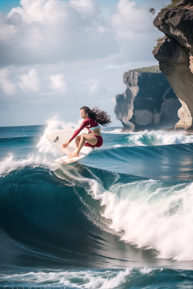 1 beauty girl, surfing, sea far from the coast, Surfingboard, Beautiful 22 year old woman riding a surfboard in high wavescentered, surfing dynamically, Sense of speed and urgency,photography, raw photo, cozy beach, huge waves, Waves curled up like a cave, Ride the board against the waves and come down with incredible speed, stable posture, Escape sideways from the wave cave, aesthetic vibe, ilumination, blue and pink color shade,  bokeh, depth of field, ,JeeSoo ,Sexy_attire ,SEE THROUGH,(((Rocks and land are not visible and only sea water is displayed on the screen1.9))), only sea water