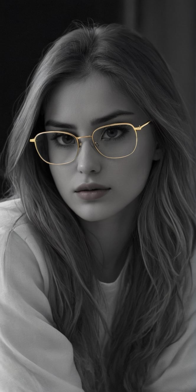 photorealistic), masterpiece:1.5, best quality, realistic, real image, intricate details, perfect focus, perfect face, extremely beauyiful girl, Photograph, masterwork, meticulous nuances, supreme resolution, 32K, ultra-defined, Intricate Detail, Masculine,  black and white photo.long hair,gold sunglasses glasses,gold sunglasses,
Imagina 1 beautiful woman, 20 yo, create a hyper realistic image of sitting in the dark room, pessimistic view, depressed mood, lost in tough, black and white photo, high detailed, sharp focus, Extremely Realistic,FilmGirl,bright clothes,Real,Black&White,SDXL,Realistic