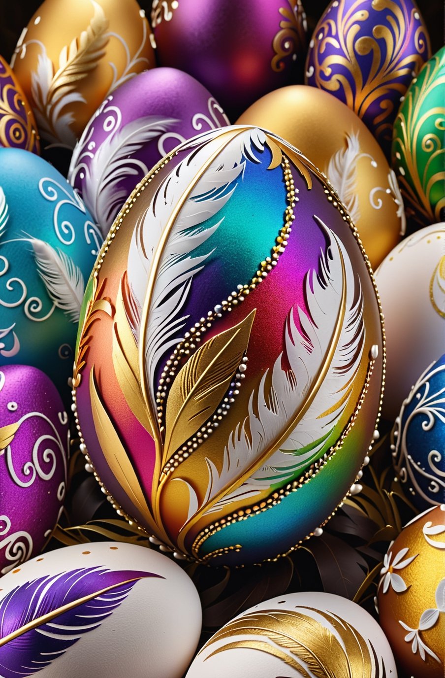 Easter eggs designed with arabesques and swirls using a harmonious mix of rainbow colors.
A pile of tiny golden twigs and many white feathers cover the egg from the bottom as if protecting it.
The egg shines even brighter due to the intense lighting that illuminates the egg on a dark plnk and golden background.

Ultra-clear, Ultra-detailed, ultra-realistic, ultra-close up