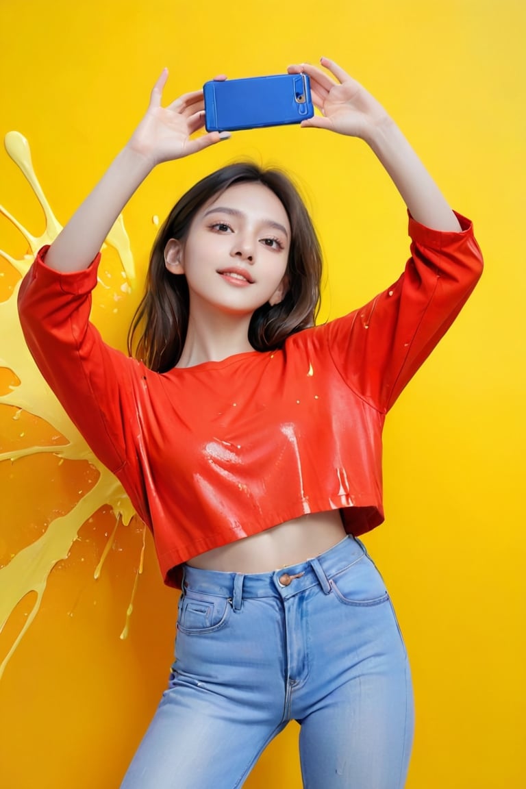 young girl, adolescent, energetic, joyous, selfie, taking selfie, phone camera app, outline, angle downwards, v shape hand pose, cute, adorable, sexy, suggestive outfit, paint splash background, vibrant paint, high contrast, abstract, volumetric light, high quality, detailed, masterpiece,xxmix_girl