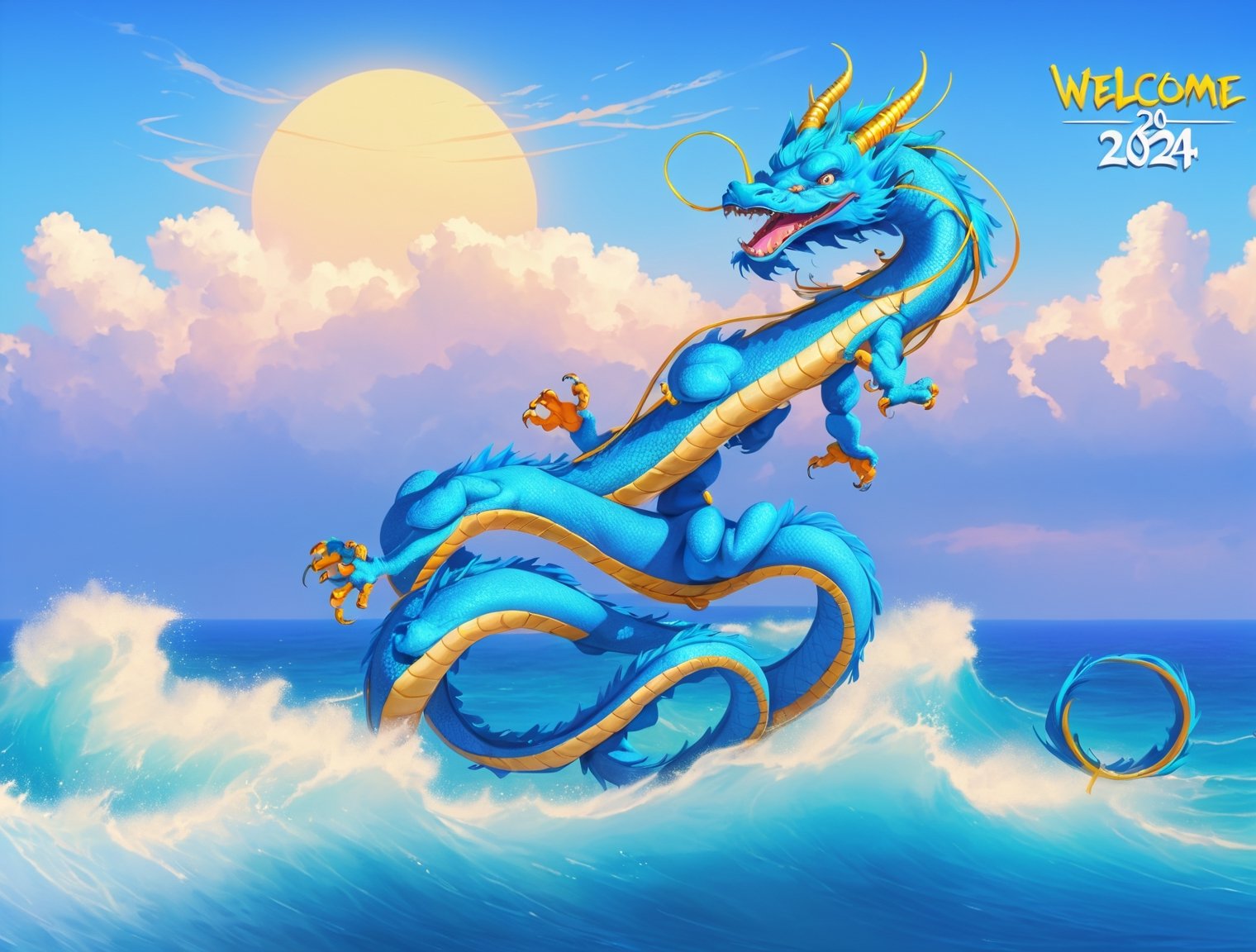 asian blue dragon flying in the sky flying in the sky,Asian blue dragon flying across the vast ocean horizon, epic daylight, solo, dynamic angle,aw0k euphoric style, Text(“Welcome 2024”) is written in gold at the top left of the screen.
