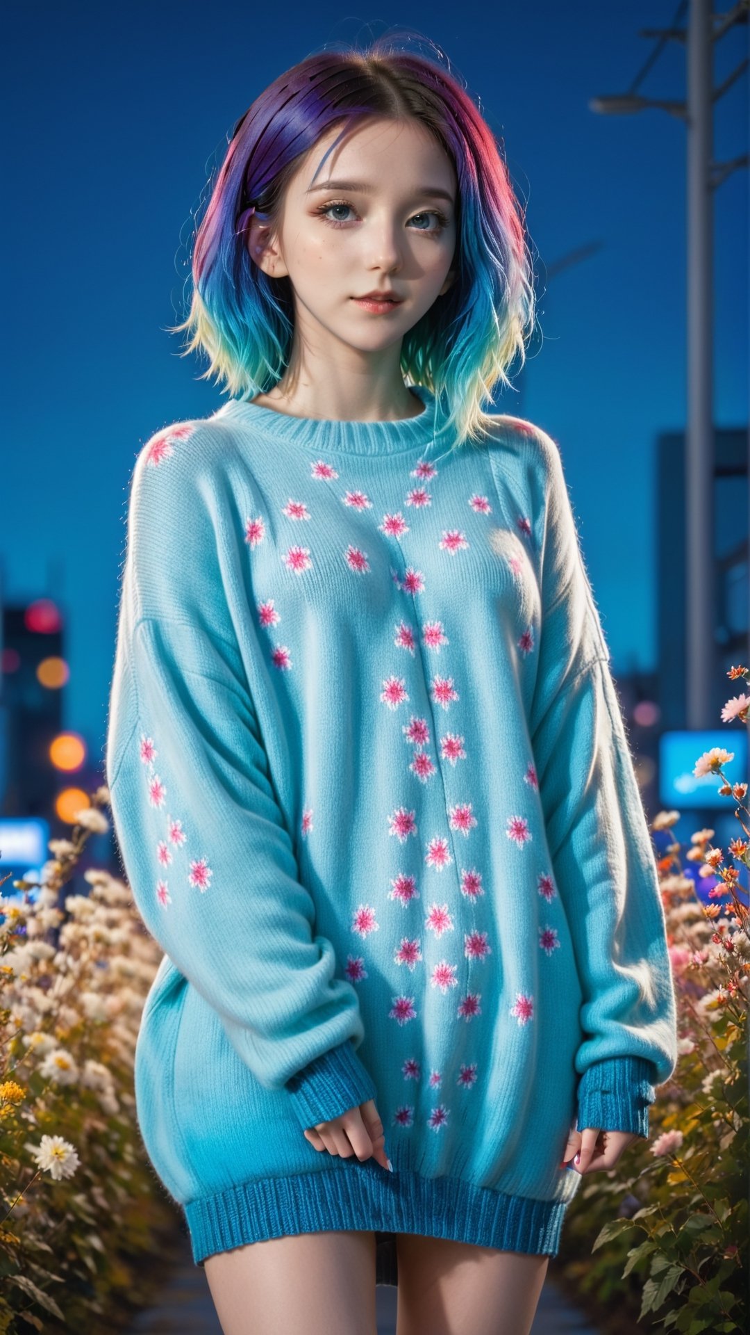 illustrator, anime , full body, realistic , sketch , 1girl, ,lip, Sweater,order, Blue gradient background, Neon hair,Textured crop, Canadian, (masterpiece,best quality) wearing wooly long dress and coat,  full body, flowers bloom and lighting bokeh as background,xxmix_girl,FilmGirl