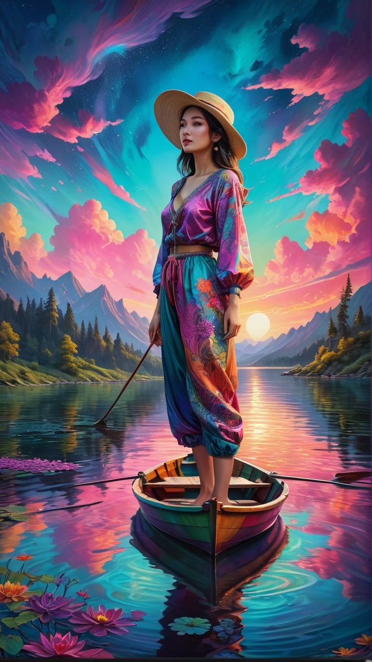 vibrant neo-traditional, a painting of a woman standing in a boat on a lake, (psychedelic art), highly detailed 4k painting, campy and colorful, fisherman, under a technicolor sky,xxmix_girl,kimtaeri-xl,FilmGirl