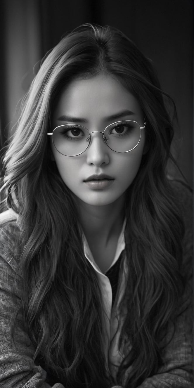 photorealistic), masterpiece:1.5, best quality, realistic, real image, intricate details, perfect focus, perfect face, extremely beauyiful girl, Photograph, masterwork, meticulous nuances, supreme resolution, 32K, ultra-defined, Intricate Detail, Masculine,  black and white photo.long hair,blue sunglasses glasses,
Imagina 1 korean woman, 20 yo, create a hyper realistic image of ssitting in the dark room, pessimistic view, depressed mood, lost in tough, black and white photo, high detailed, sharp focus, Extremely Realistic,FilmGirl,bright clothes,Real,Black&White,SDXL,Realistic