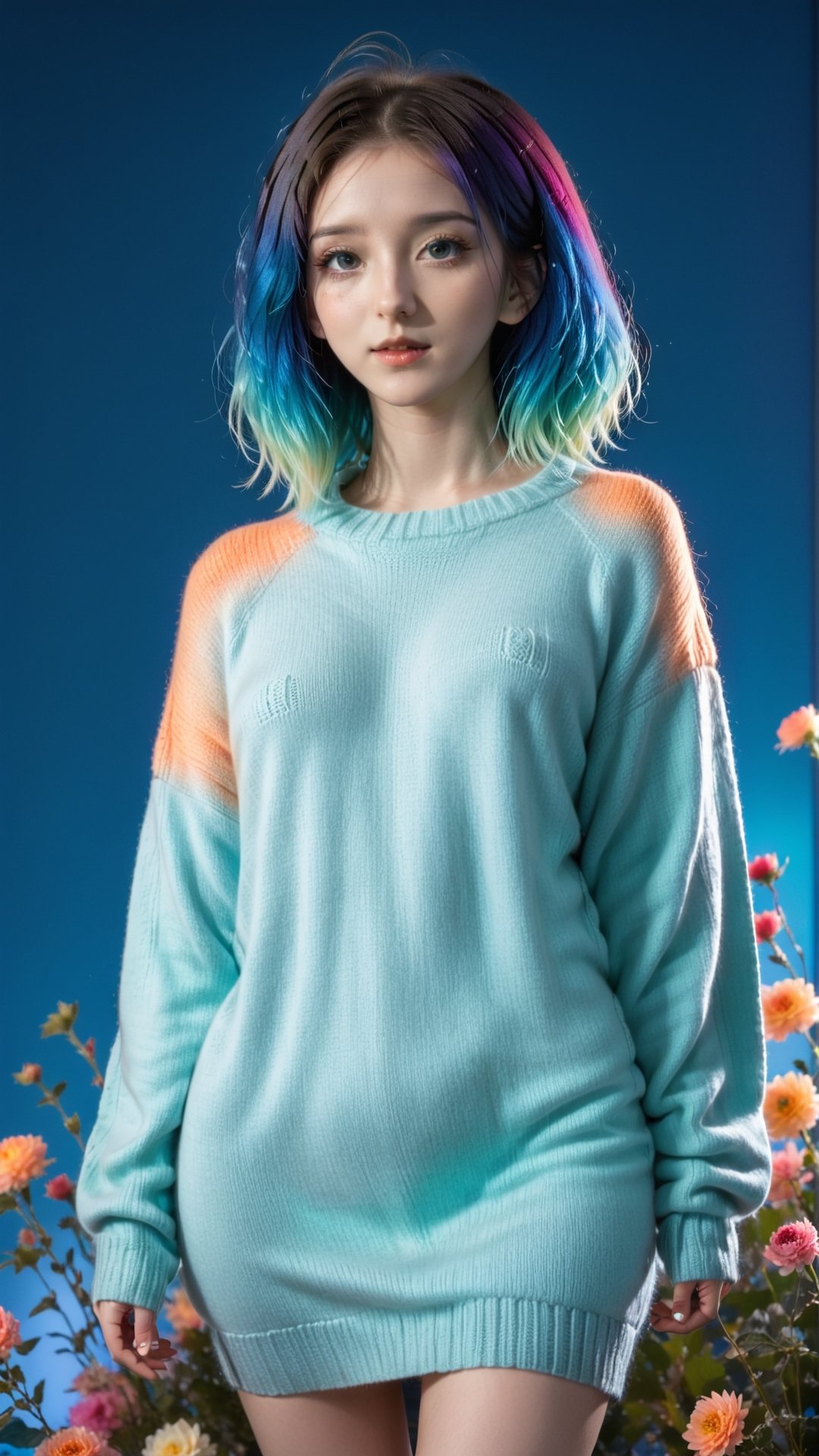 illustrator, anime , full body, realistic , sketch , 1girl, ,lip, Sweater,order, Blue gradient background, Neon hair,Textured crop, Canadian, (masterpiece,best quality) wearing wooly long dress and coat,  full body, flowers bloom and lighting bokeh as background,xxmix_girl,FilmGirl