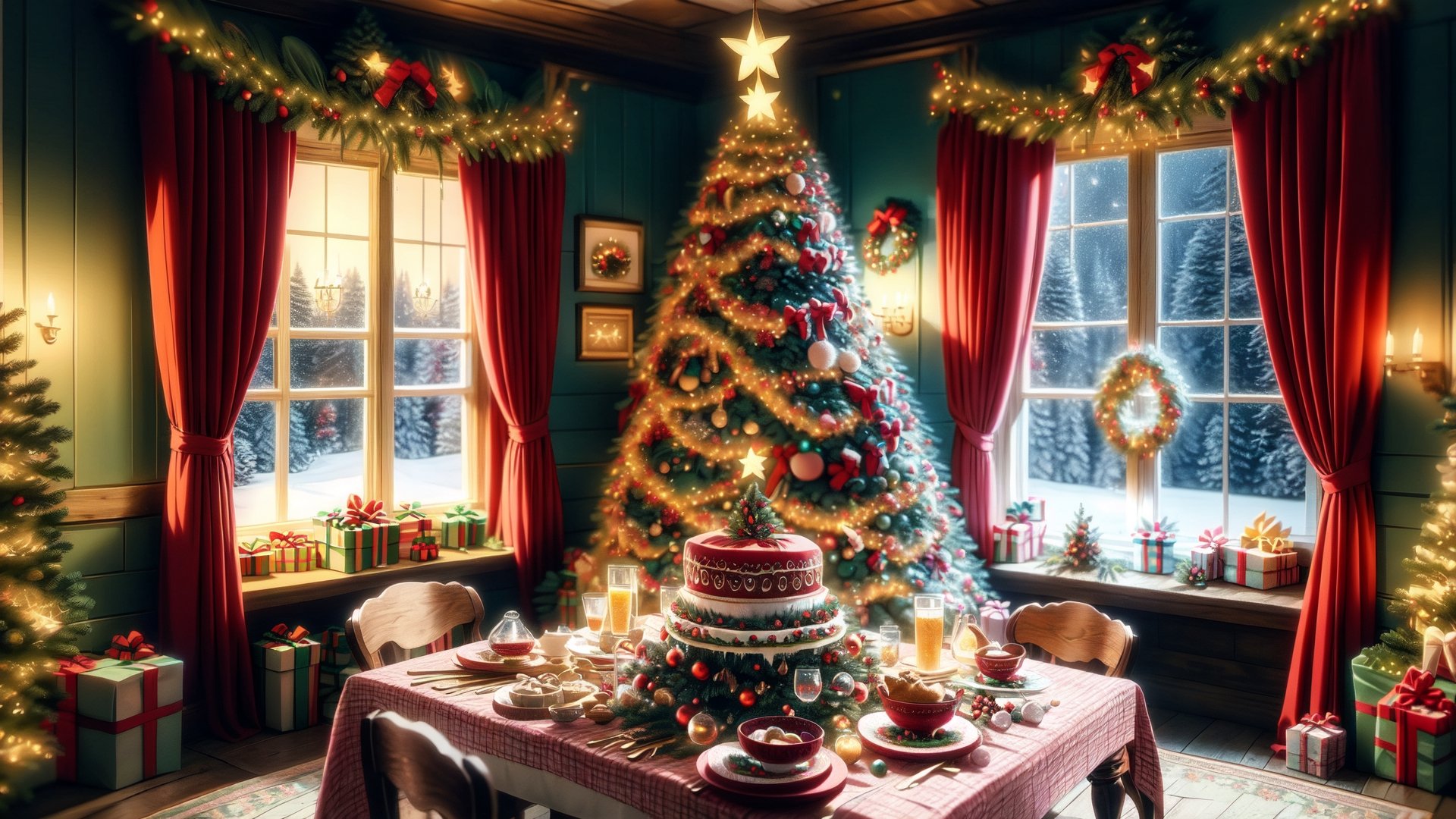 Christmas tea, window overlooking a magical forest, curtains on the window, magic, Christmas background, Mysterious, Mysterious,Christmas Room,Santa Claus,Abstract,Christmas