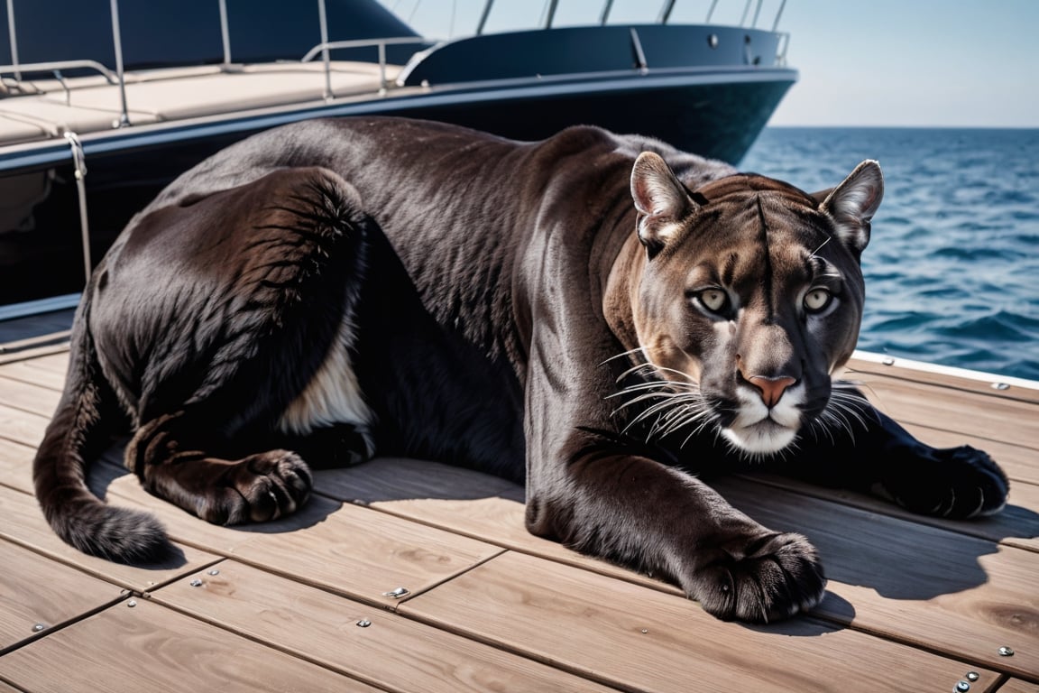 A black cougar wearing a harness is lying face down on the deck of a large yacht.
(((Perfectly black puma: 2.0))), 


best quality, masterpiece, photorealistic,  highres, Ultra-detailed, ultra-realistic, ultra-clear, very Distant view.,Ivi