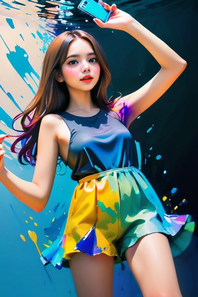 young girl, adolescent, energetic, joyous, selfie, taking selfie, phone camera app, outline, angle downwards, v shape hand pose, cute, adorable, sexy, suggestive outfit, paint splash background, vibrant paint, high contrast, abstract, volumetric light, high quality, detailed, masterpiece,underwater,girl