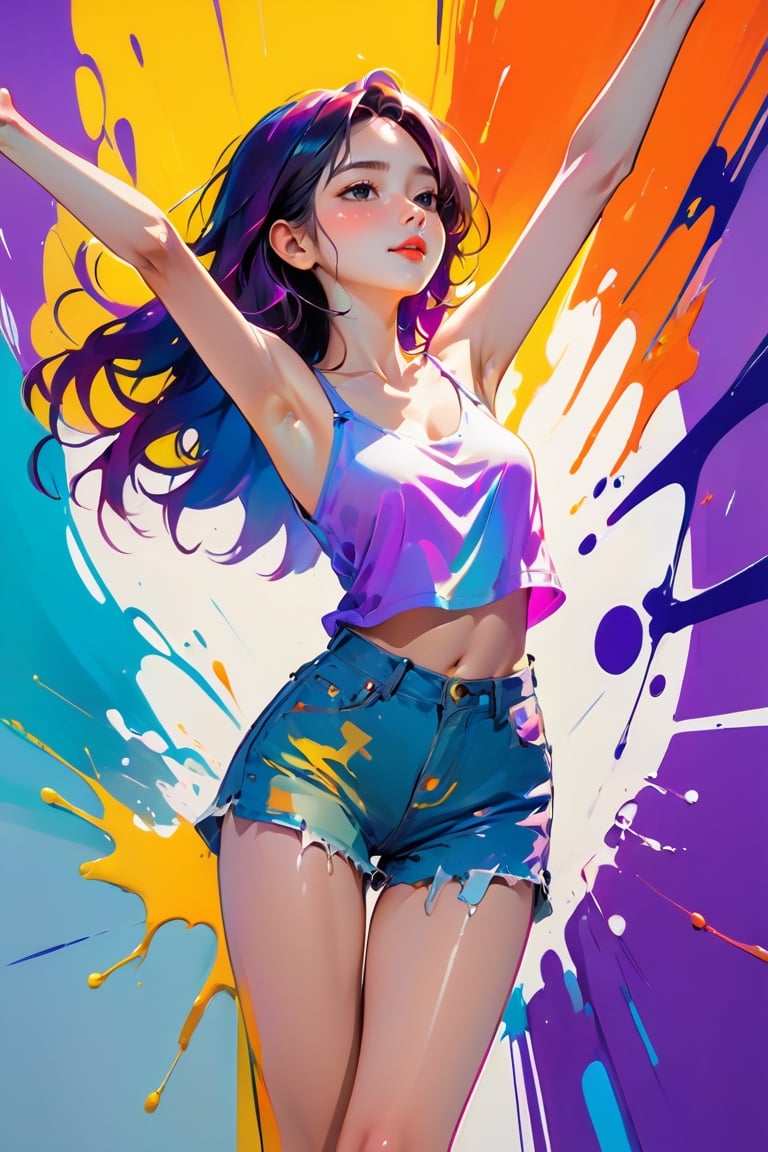 young girl, adolescent, energetic, joyous, selfie, outline, angle downwards, v shape hand pose, cute, adorable, sexy, dance, suggestive outfit, paint splash background, vibrant paint, high contrast, abstract, volumetric light, high quality, detailed, masterpiece,girl,xxmix_girl