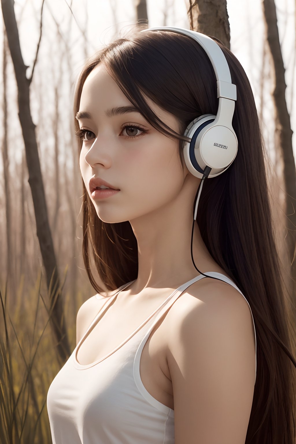 1girl,flowers,(red reed:1.1),forest,solo,long hair,(realistic:1.1),red headphones,white background,brown hair,simple background,headphones around neck,lips,parted lips,looking to the side,upper body,forehead,looking away,black hair,bare shoulders,signature,brown eyes,tank top,black eyes,
