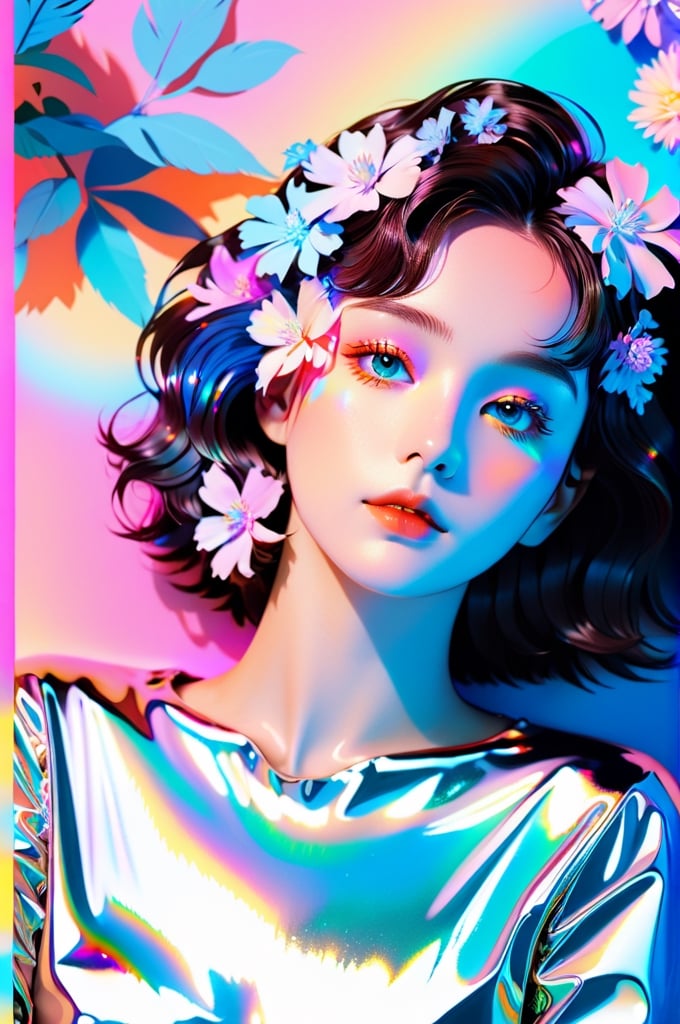 portrait, 1 girl, solo, short wavy hair, flowing neon, colored holographic floral background, holographic, iridescent, vaporwave, fluid, flowers, lying from the front point pose, high fashion, realistic,Flat vector art,xxmix_girl