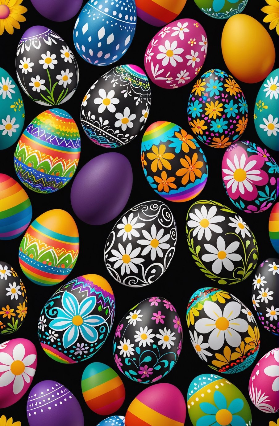 One Easter egg designed with pretty flowers and various patterns in a harmonious mix of rainbow colors.
Intense lighting illuminating eggs on a black background.

Ultra-clear, Ultra-detailed, ultra-realistic, ultra-close up