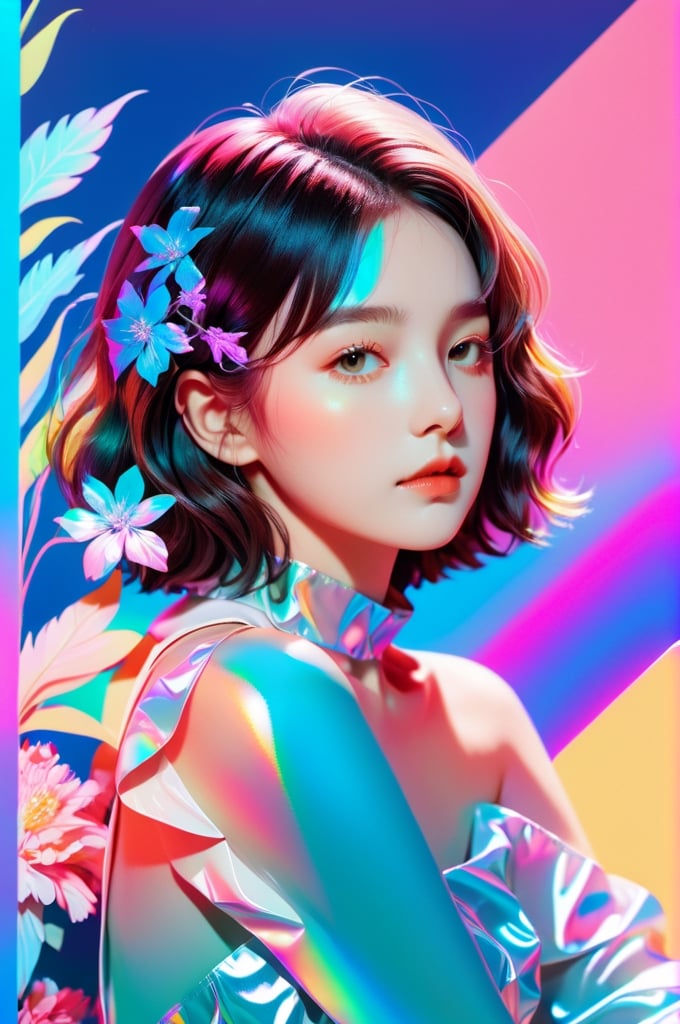 portrait, 1 girl, solo, short wavy hair, flowing neon, colored holographic floral background, holographic, iridescent, vaporwave, fluid, flowers, lying from the front point pose, high fashion, realistic,Flat vector art,xxmix_girl