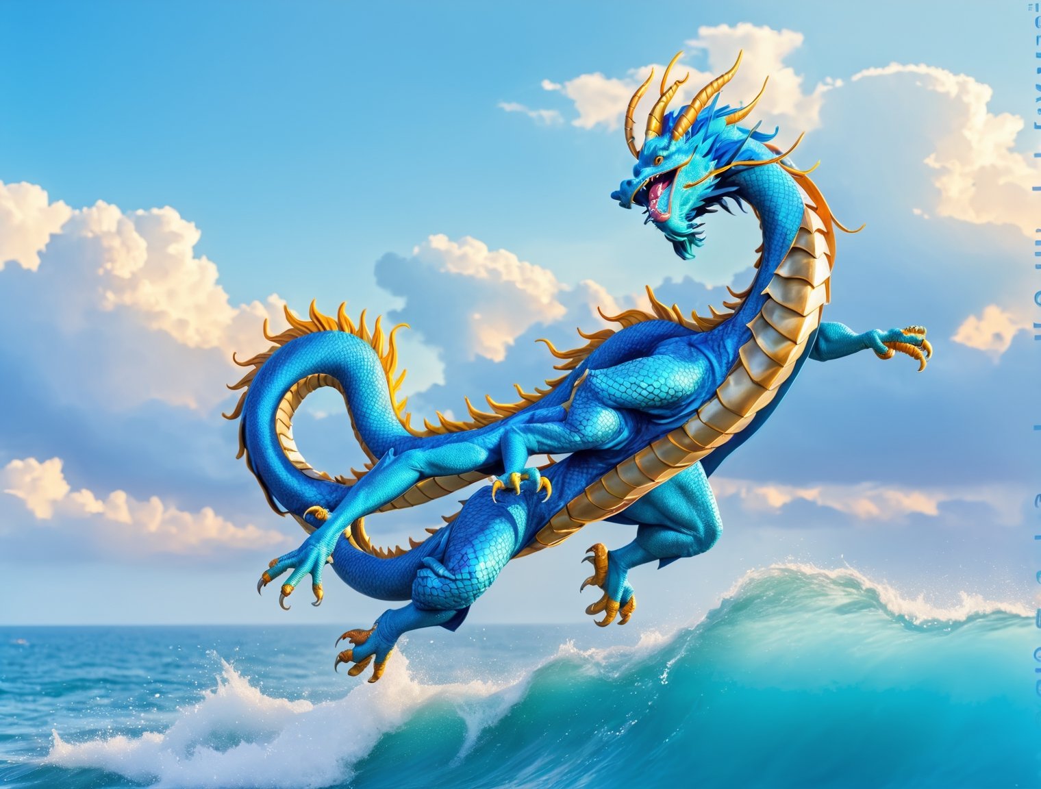 asian blue dragon flying in the sky flying in the sky,Asian blue dragon flying across the vast ocean horizon, epic daylight, solo, dynamic angle,aw0k euphoric style,Text(“Welcome 2024”) is written in gold at the top left of the screen.