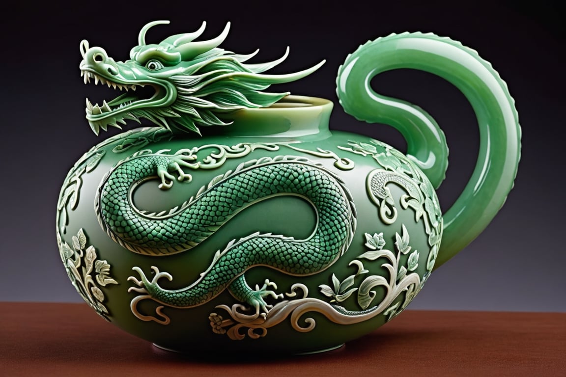 The image of an oriental dragon struggling appears engraved on the outside of a long-necked gourd made with celadon inlay technique. The oriental dragon wrapped in clouds is carved with elaborate inlay techniques, giving it a realistic feel as if it will jump out at any moment, and the mystical jade color shines brightly as if it were the color of the heavenly world.
It shows the overall appearance of the pottery.



close-up photography, Ultra-detailed, ultra-realistic, full body shot, Distant view