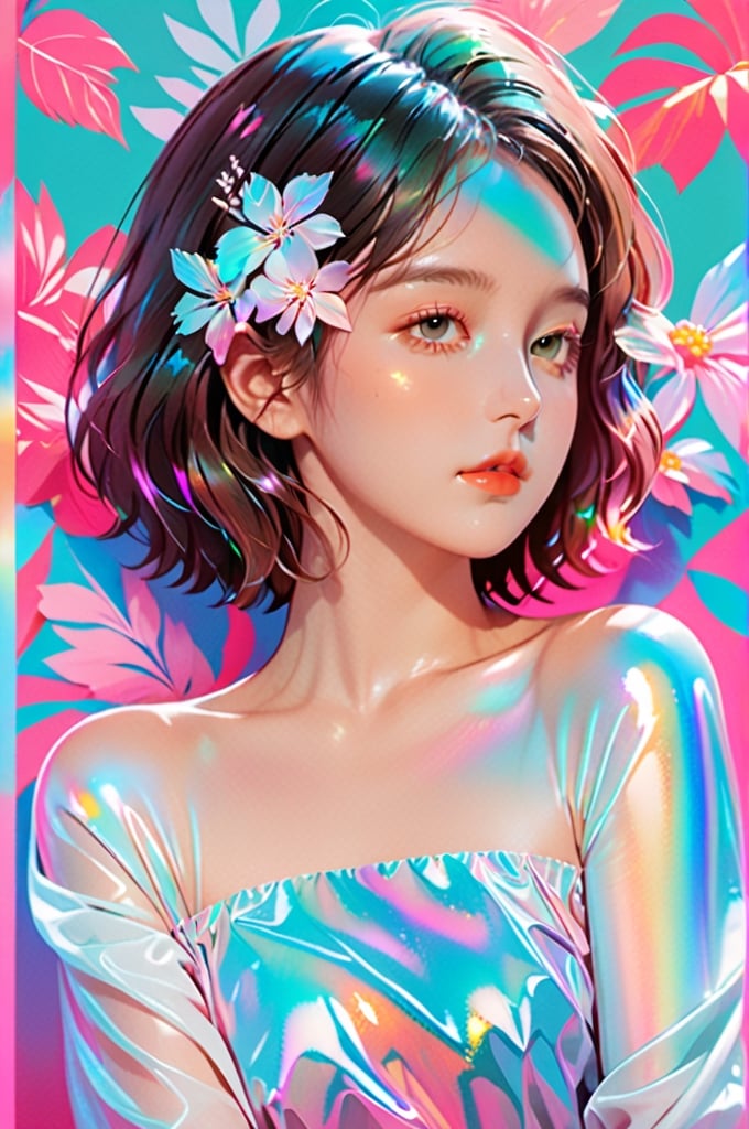 portrait, 1 girl, solo, short wavy hair, flowing neon, colored holographic floral background, holographic, iridescent, vaporwave, fluid, flowers, lying from the front point pose, high fashion, realistic,Flat vector art,xxmix_girl