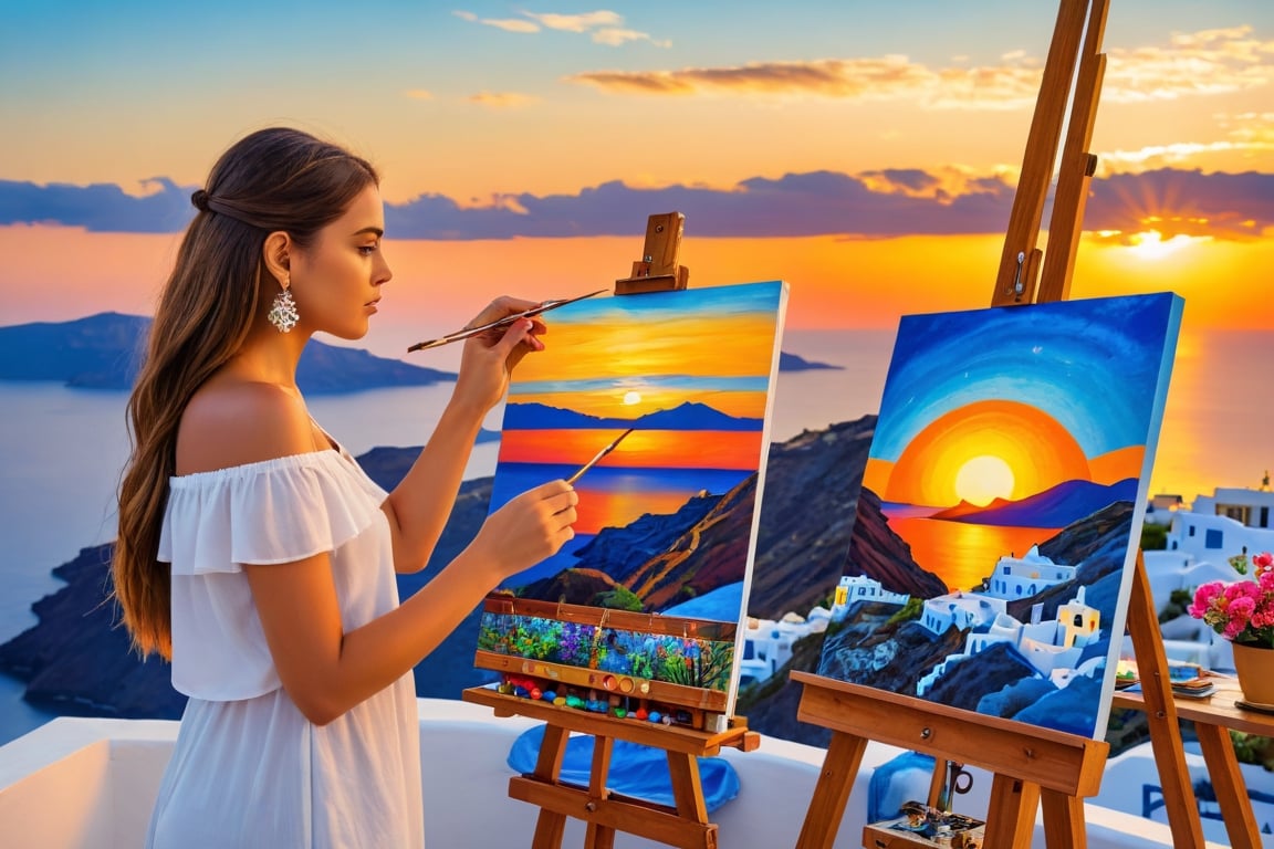 A beautiful 23-year-old woman is painting a sunset in Santorini on canvas.
Easel, canvas, brush, palette
((ultra realistic:1.5)), very hyper detailed, (masterpiece,  top quality,  best quality,  official art,  beautiful and aesthetic:1.2),  extremely detailed, (fractal art:1.1), (colorful:1.1)(flowers:1.3), highest detailed, (zentangle:1.2),  (dynamic pose),  (abstract background:1.3),  (many colors:1.4),  , (earrings),  (feathers:1.5).,  (masterpiece, best quality:1.5), photo-like,photo r3al