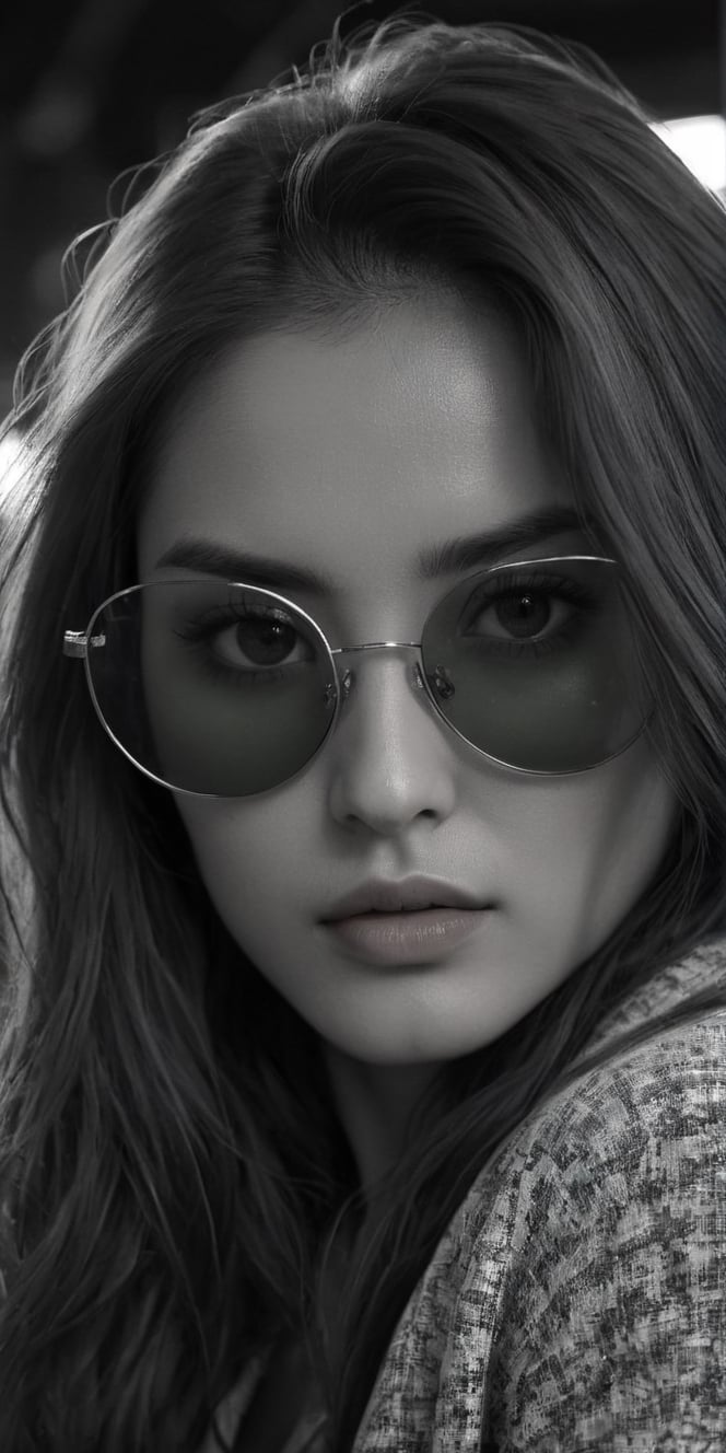 photorealistic), masterpiece:1.5, best quality, realistic, real image, intricate details, perfect focus, perfect face, extremely beauyiful girl, Photograph, masterwork, meticulous nuances, supreme resolution, 32K, ultra-defined, Intricate Detail, Masculine,  black and white photo.long hair,green sunglasses glasses,
Imagina 1 korean woman, 20 yo, create a hyper realistic image of ssitting in the dark room, pessimistic view, depressed mood, lost in tough, black and white photo, high detailed, sharp focus, Extremely Realistic,FilmGirl,bright clothes,Real,Black&White,SDXL,Realistic