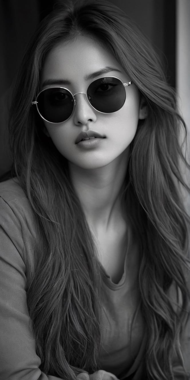 photorealistic), masterpiece:1.5, best quality, realistic, real image, intricate details, perfect focus, perfect face, extremely beauyiful girl, Photograph, masterwork, meticulous nuances, supreme resolution, 32K, ultra-defined, Intricate Detail, Masculine,  black and white photo.long hair,green sunglasses glasses,
Imagina 1 korean woman, 20 yo, create a hyper realistic image of ssitting in the dark room, pessimistic view, depressed mood, lost in tough, black and white photo, high detailed, sharp focus, Extremely Realistic,FilmGirl,bright clothes,Real,Black&White,SDXL,Realistic