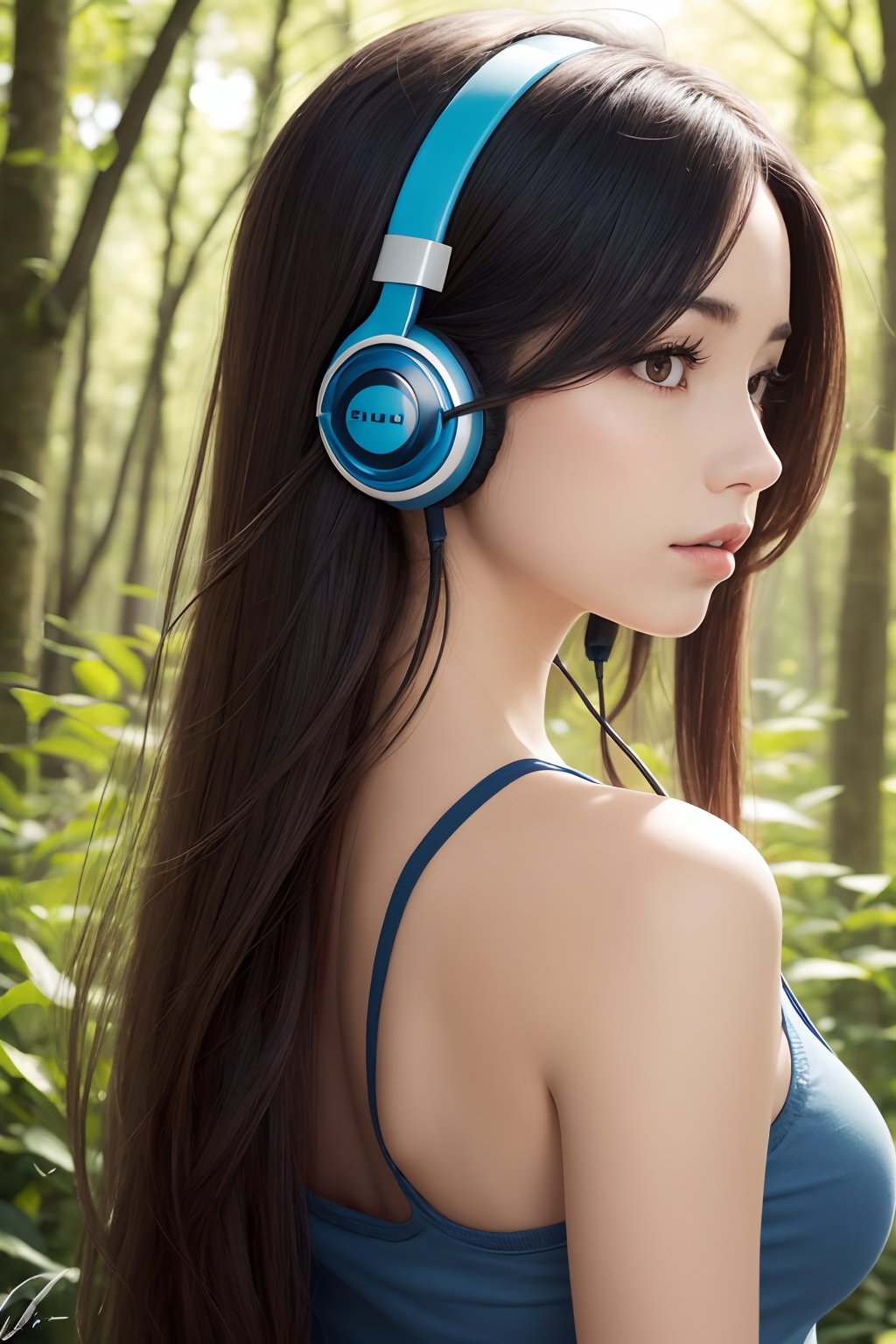 1girl,flowers,(blue reed:1.1),forest,solo,long hair,(realistic:1.1),blue headphones,white background,brown hair,simple background,headphones around neck,lips,parted lips,looking to the side,upper body,forehead,looking away,black hair,bare shoulders,signature,brown eyes,tank top,black eyes,
