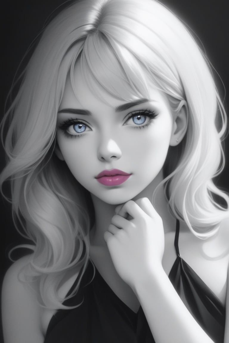 Monochrome, a woman, black and white, contrast, tone, texture, detailed,pink lip,blue eyes,33 years old sexy girl