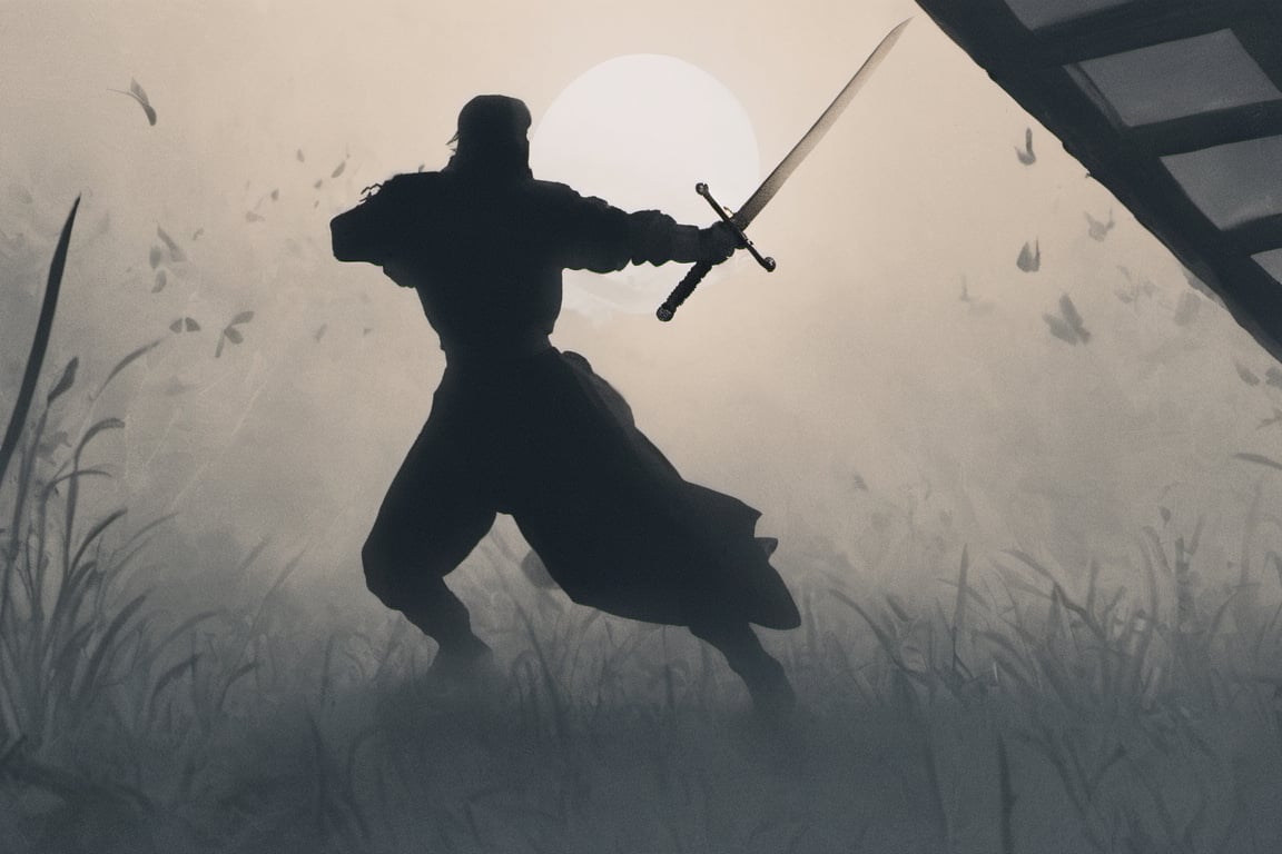 ((Silhouette:1.9)). it's too dark, little light. ((About 10 Assassins1.8)),((A swordsman wearing a wide-brimmed hat and masked About 10 assassins:1.8, crescent moon, grass. Two swordsmen are fighting among the long grass in a meadow with a crescent moon as thin as an eyebrow on a very pitch-black night in all directions1.8)). ((A swordsman flies into the air, wraps his hands around the handle of his sword, and makes a 45-degree downward slash motion. Another swordsman is making an urgent move to block the sword of another swordsman coming down1.5)). jump up and slash the sword. About 10 Assassins surround them.
There is a bit of fog around, reflecting the blue light of the black crescent moon of the swordsman striking, showing even more urgency.
((Silhouette:1.9)), distant view, 8K, gloomy, solemn, urgent, scary, speed, birds flying away in surprise,Sketch,Storyboard