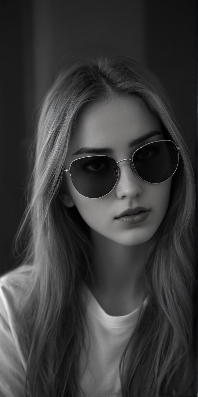 photorealistic), masterpiece:1.5, best quality, realistic, real image, intricate details, perfect focus, perfect face, extremely beauyiful girl, Photograph, masterwork, meticulous nuances, supreme resolution, 32K, ultra-defined, Intricate Detail, Masculine,  black and white photo.long hair,fluorescent color sunglasses glasses, fluorescent color sunglasses,
Imagina 1 beautiful woman, 20 yo, create a hyper realistic image of sitting in the dark room, pessimistic view, depressed mood, lost in tough, black and white photo, high detailed, sharp focus, Extremely Realistic,FilmGirl,bright clothes,Real,Black&White,SDXL,Realistic