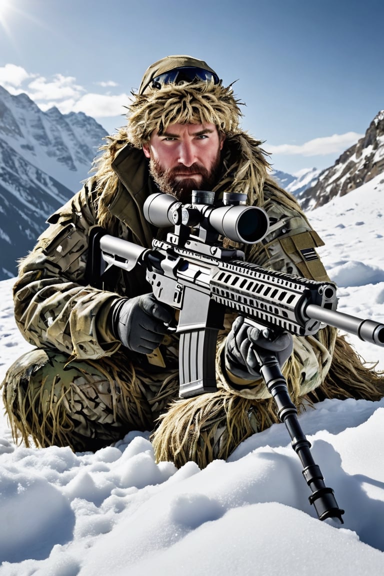 The sniper is difficult to recognize as he is wearing a snowy mountain camouflage ghillie suit and lying prone in the snow, preparing to shoot.
The weather is cold and there are icicles on the ghillie suits and beards.
M110 SASS sniper rifle.

Ultra-detailed, ultra-realistic, full body shot, very Distant view,aw0k euphoric style,photo r3al