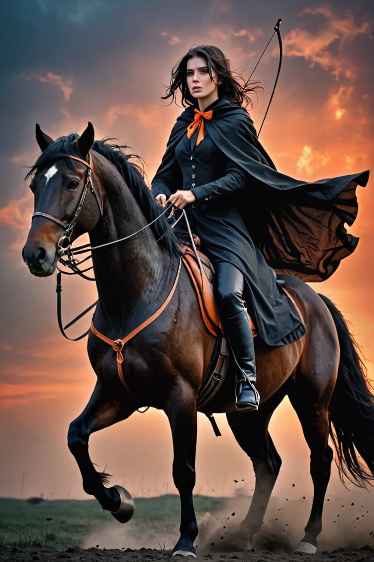 1 beautiful woman,  faded elegance, mournful atmosphere,  beauty, melancholy aura, hauntingly captivating, stark contrast, delicate decay, line art, backlighting, wind, backlighting, Stardust,(Wind:1.2) , black cloak, aAn archer riding a black horse with a bow on his back, Orange Blood
,Contained Color,anica_teddy,photo r3al